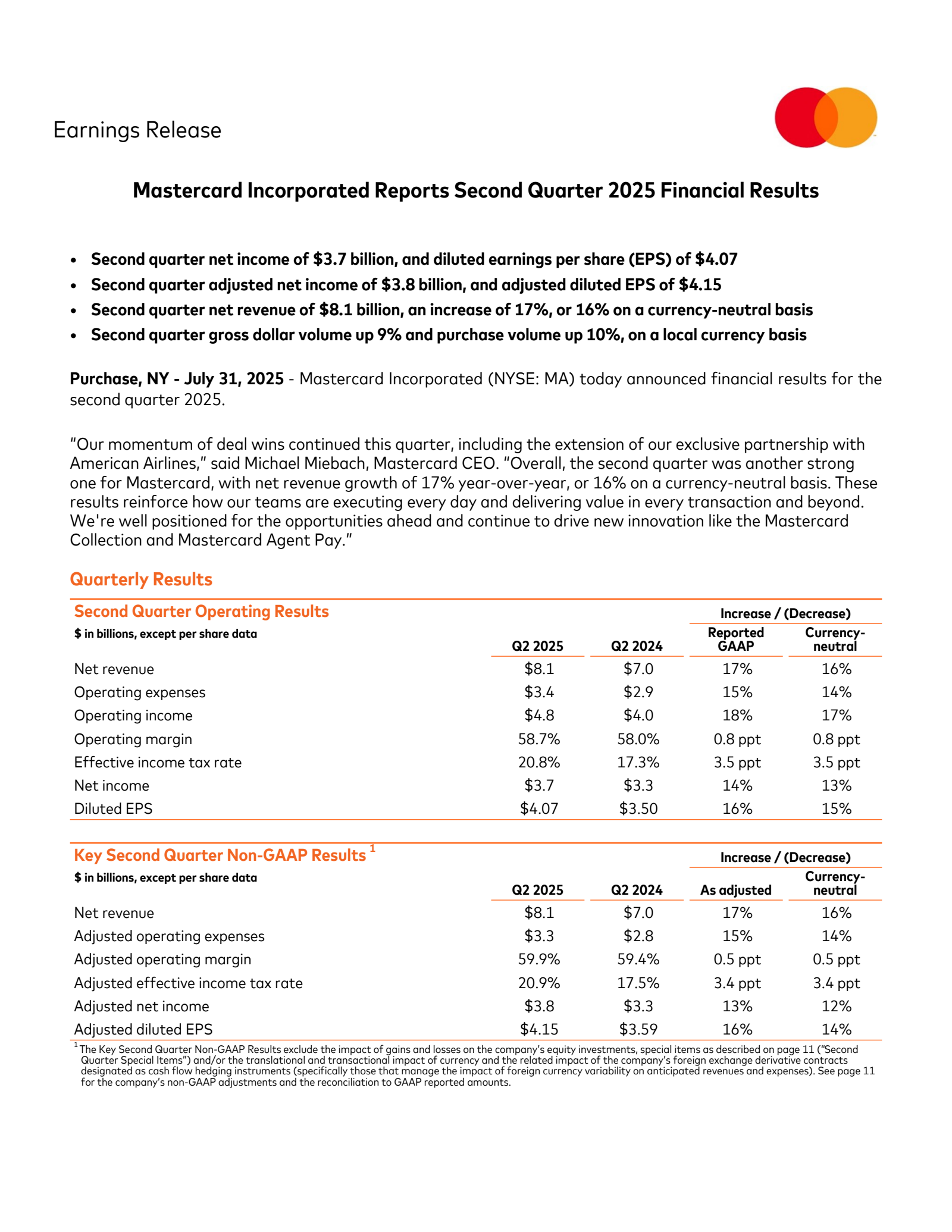 Mastercard's Q2 2025 Press Release