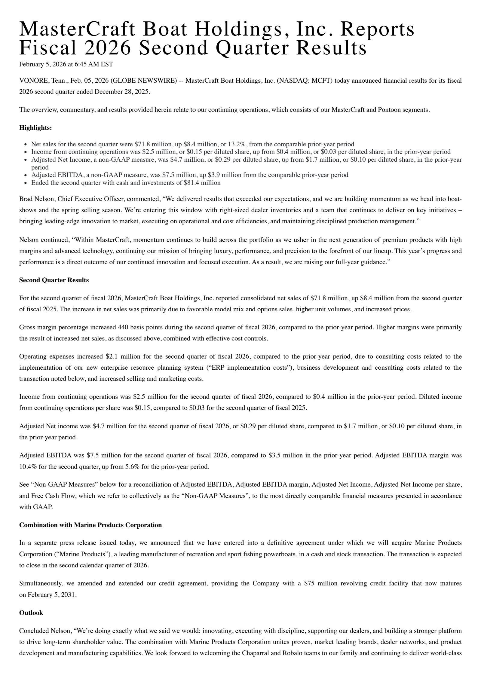 Mastercraft Boat's Q2 2026 Press Release