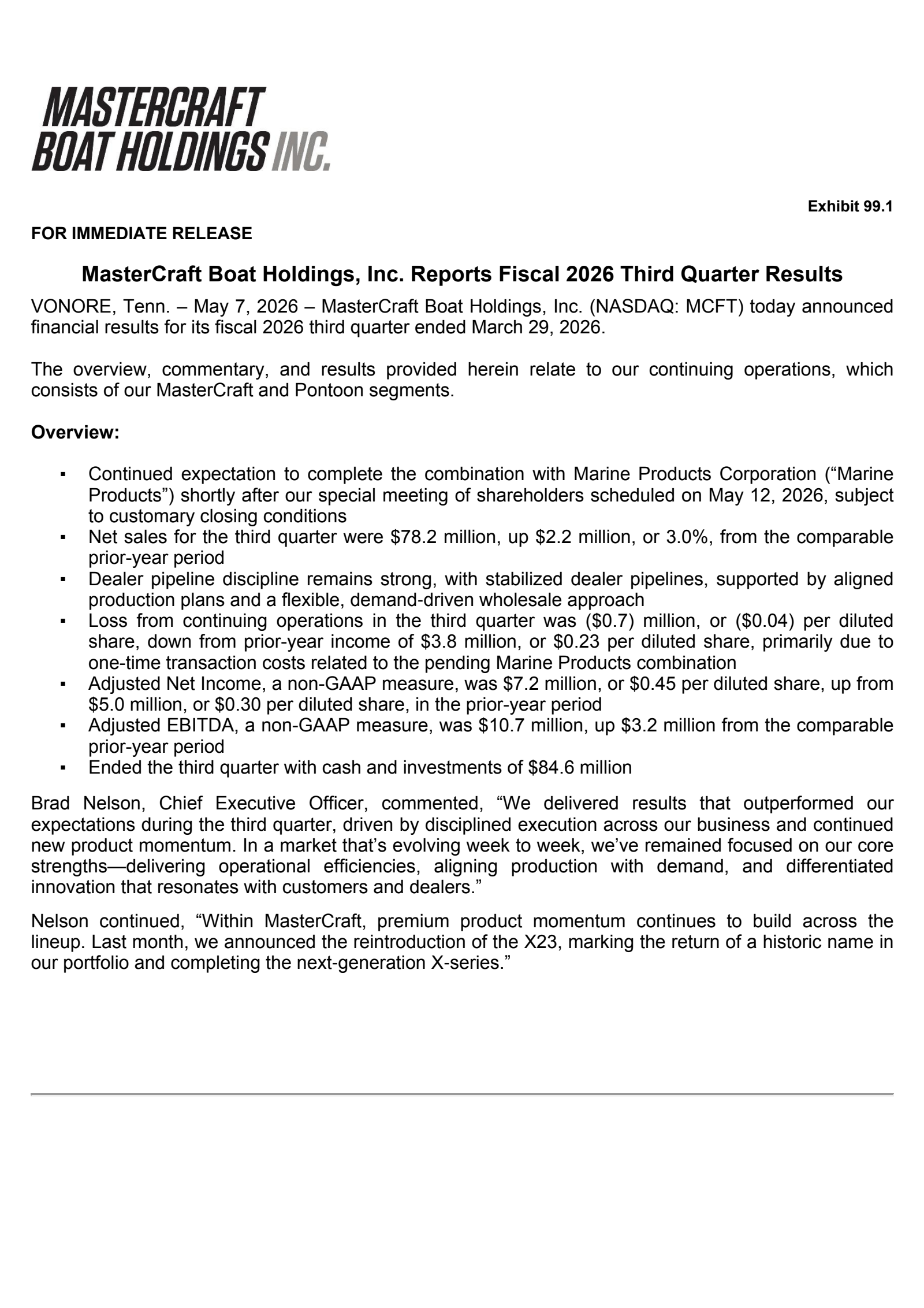 Mastercraft Boat's Q3 2026 Press Release