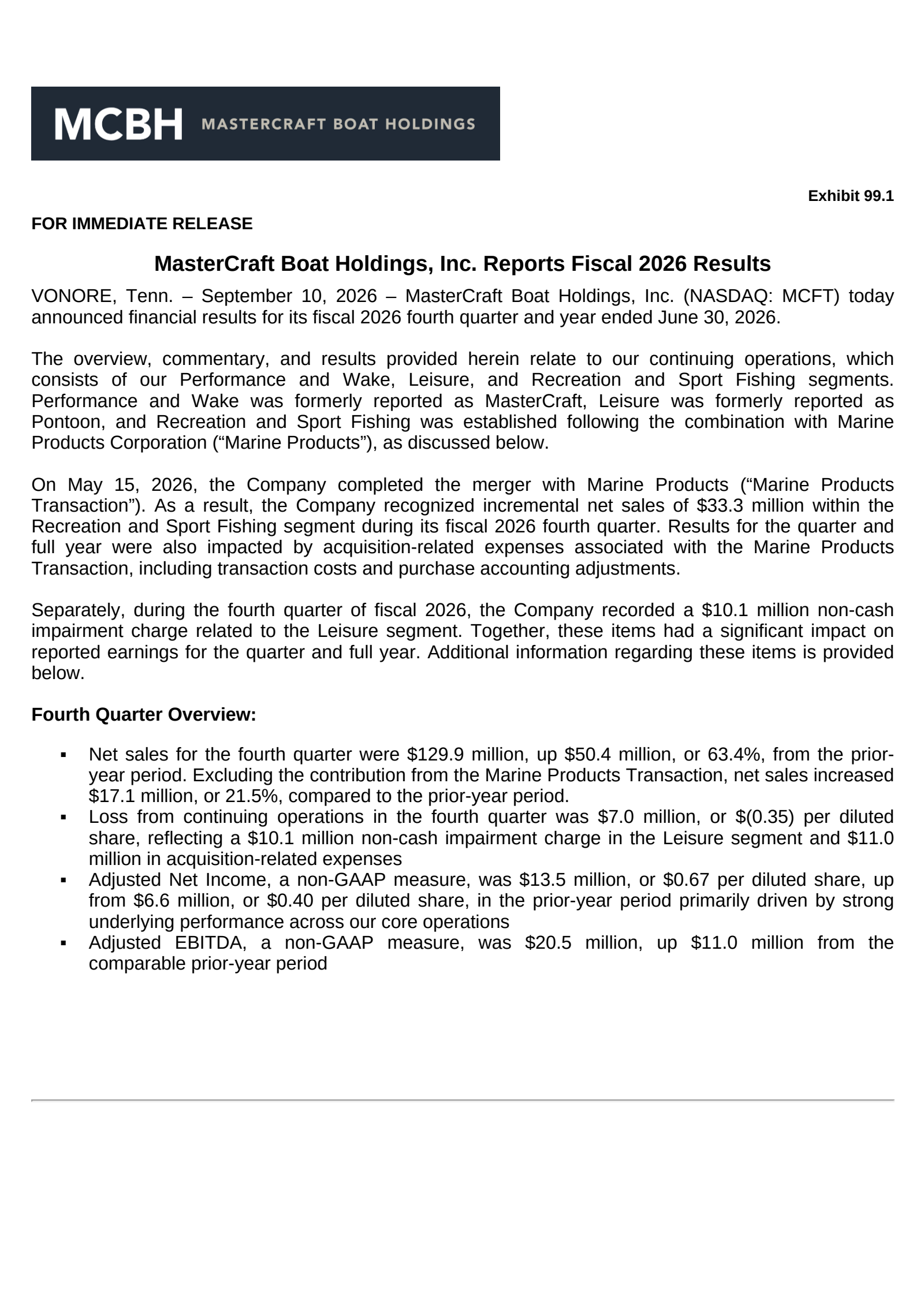 Mastercraft Boat's Q4 2026 Press Release