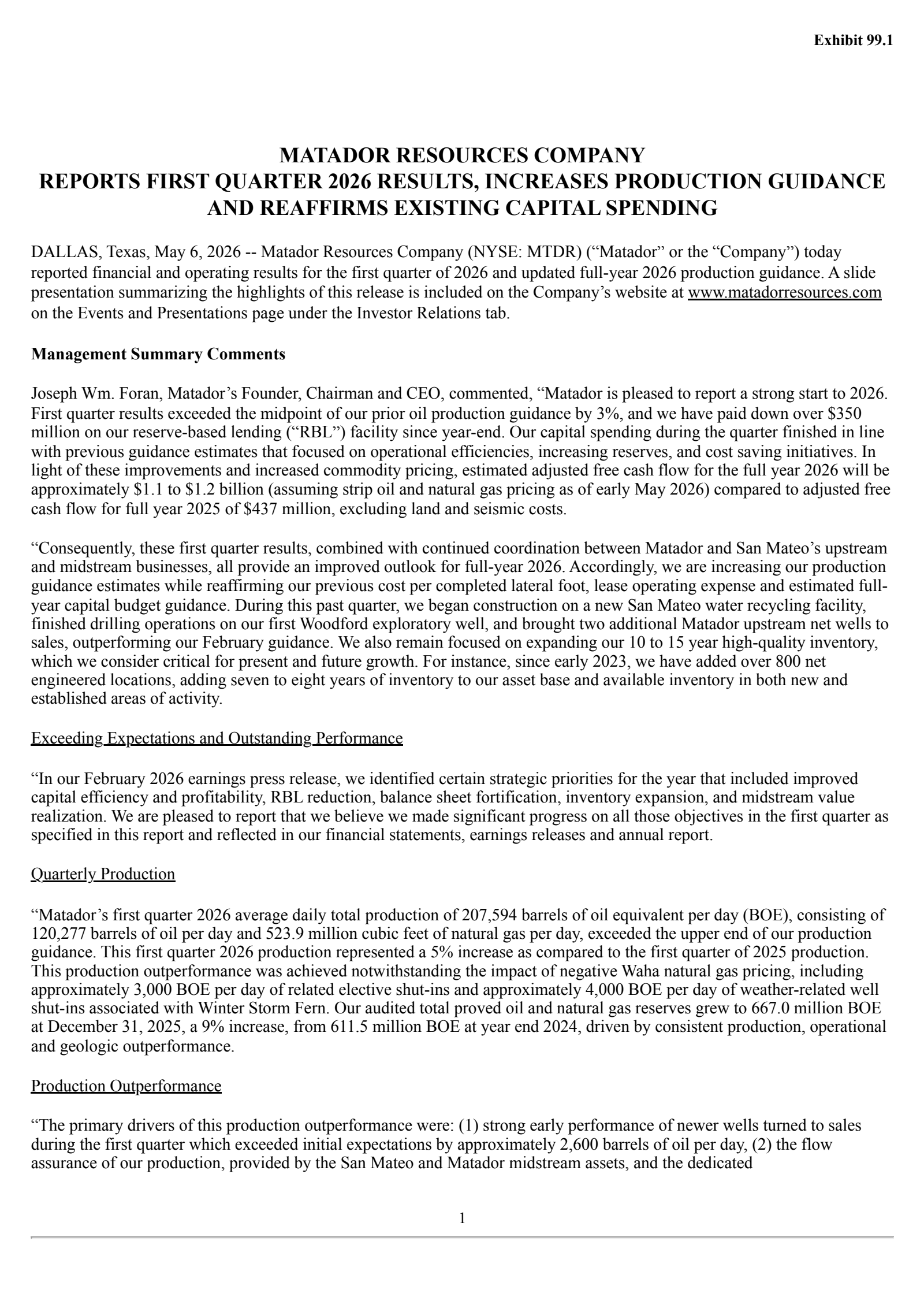 Matador Resources' Q1 2026 Press Release