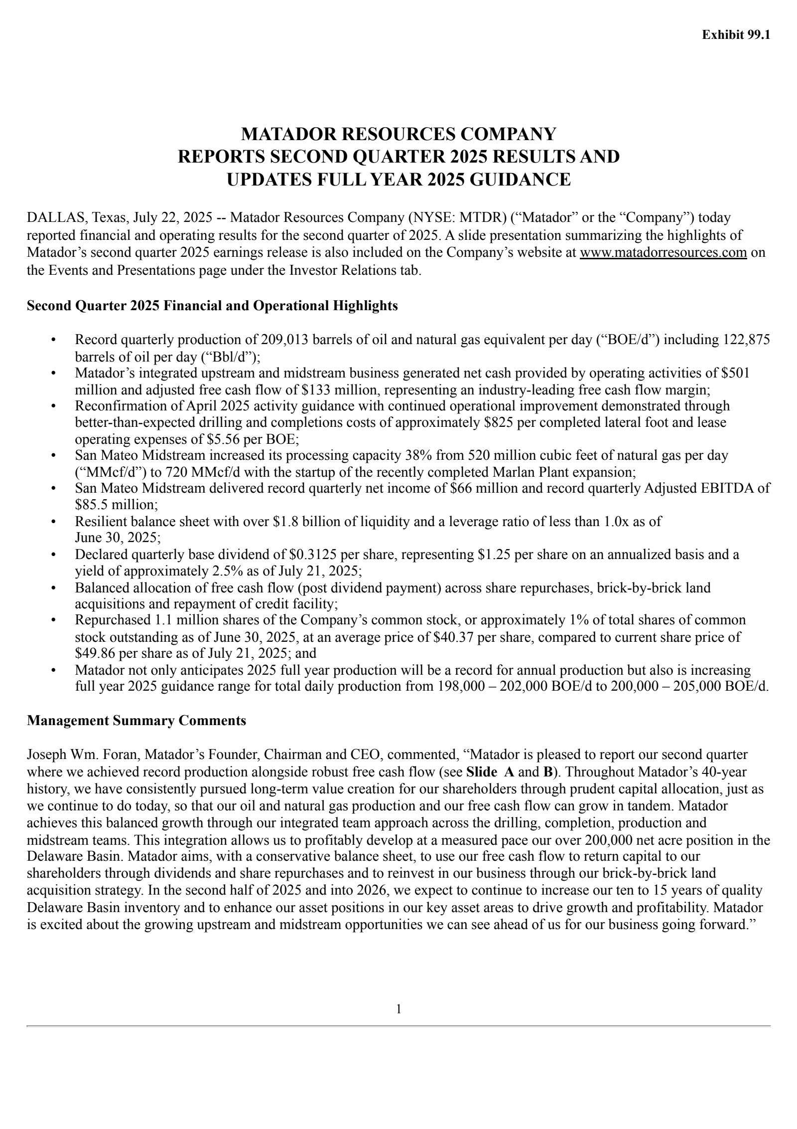 Matador Resources' Q2 2025 Press Release