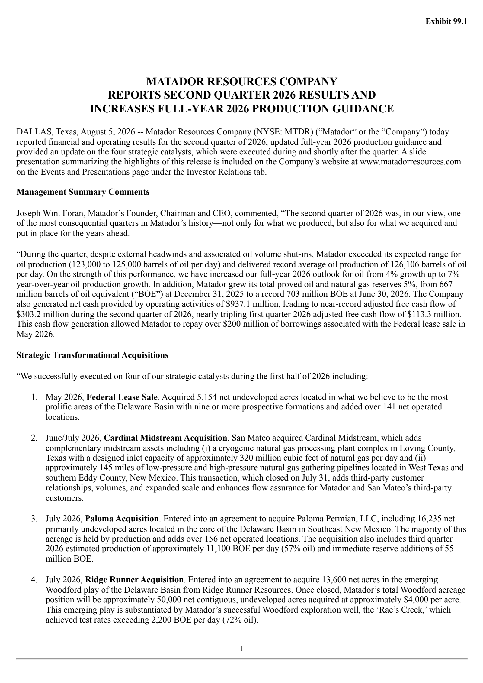 Matador Resources' Q2 2026 Press Release