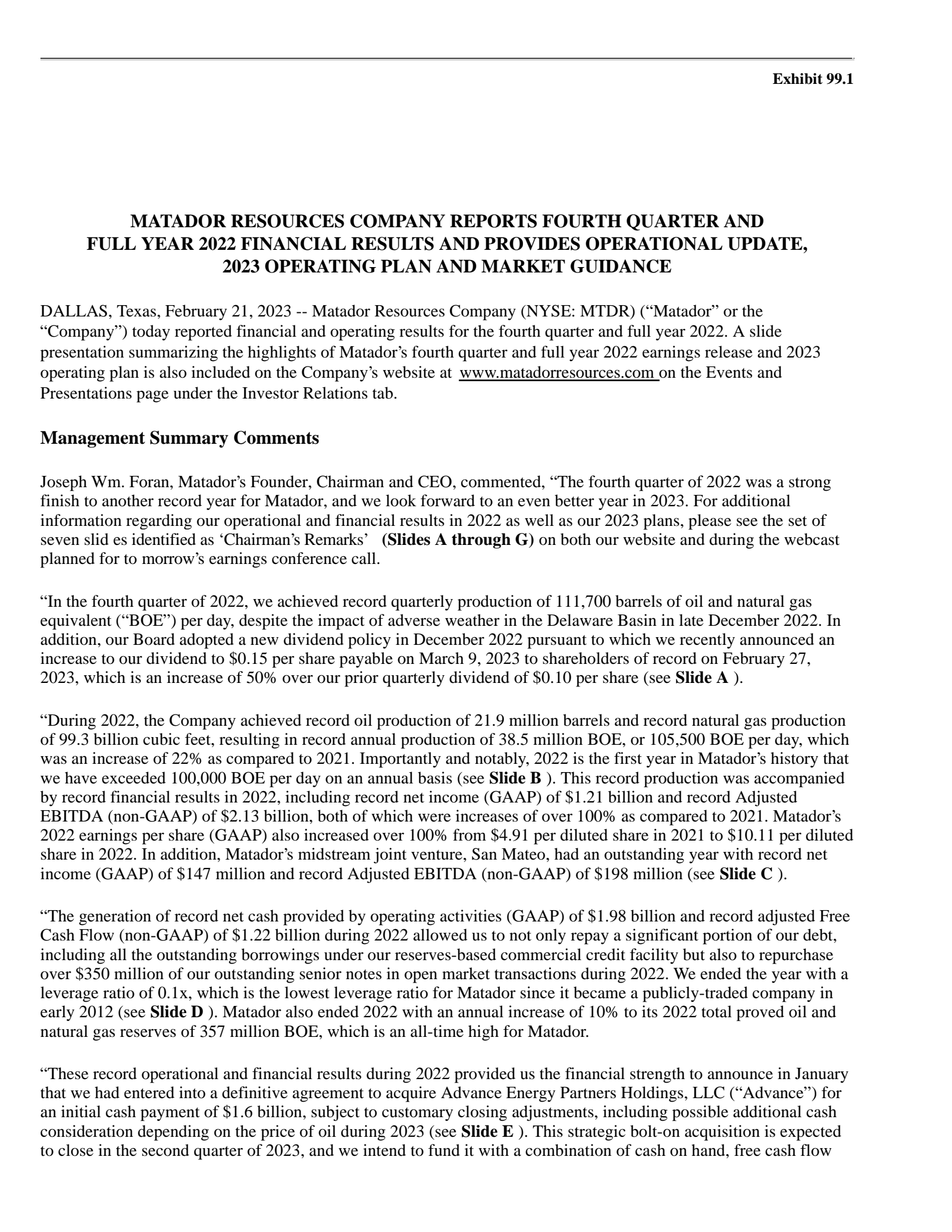 MTDR Q4 2022 Earnings Report on 2/22/2023