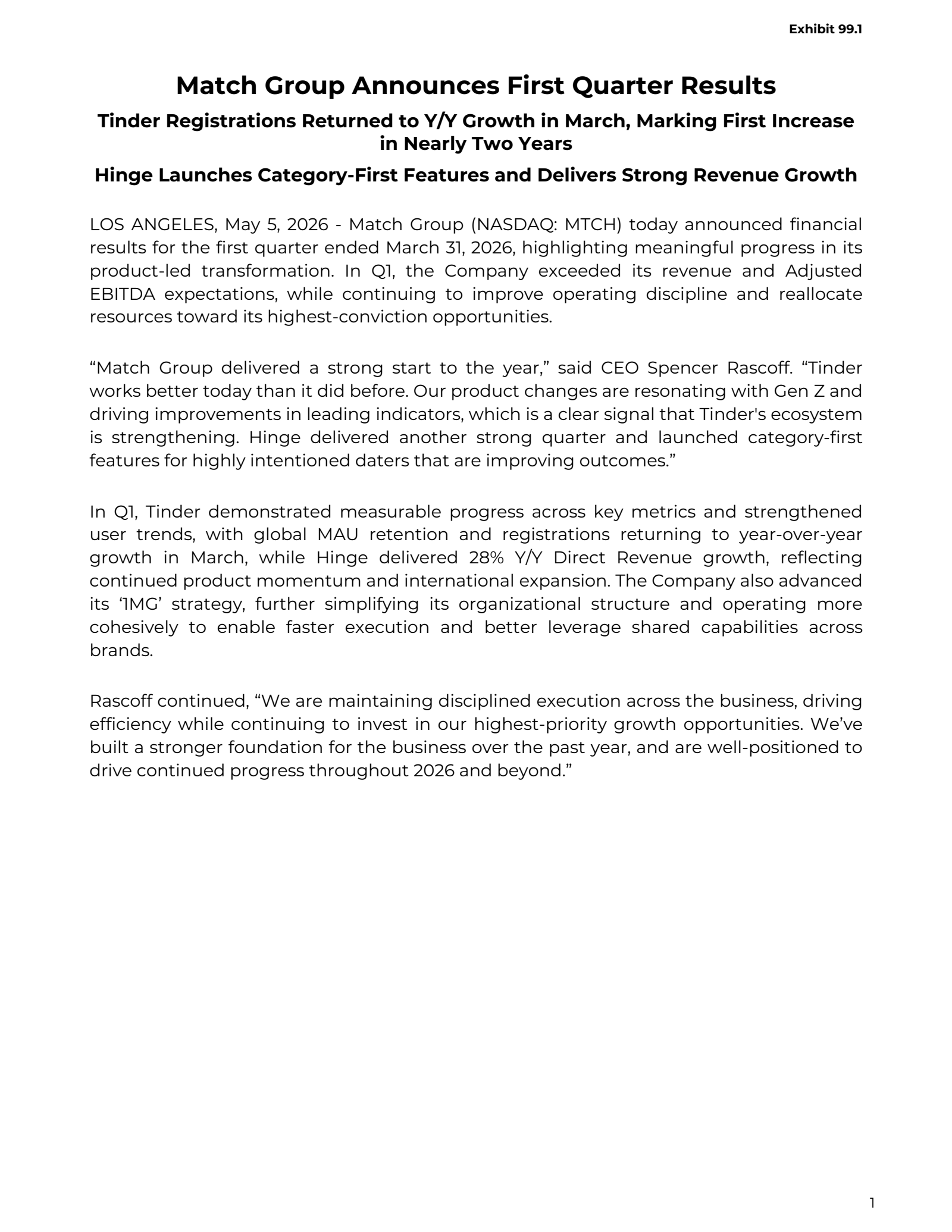 Match Group's Q1 2026 Press Release