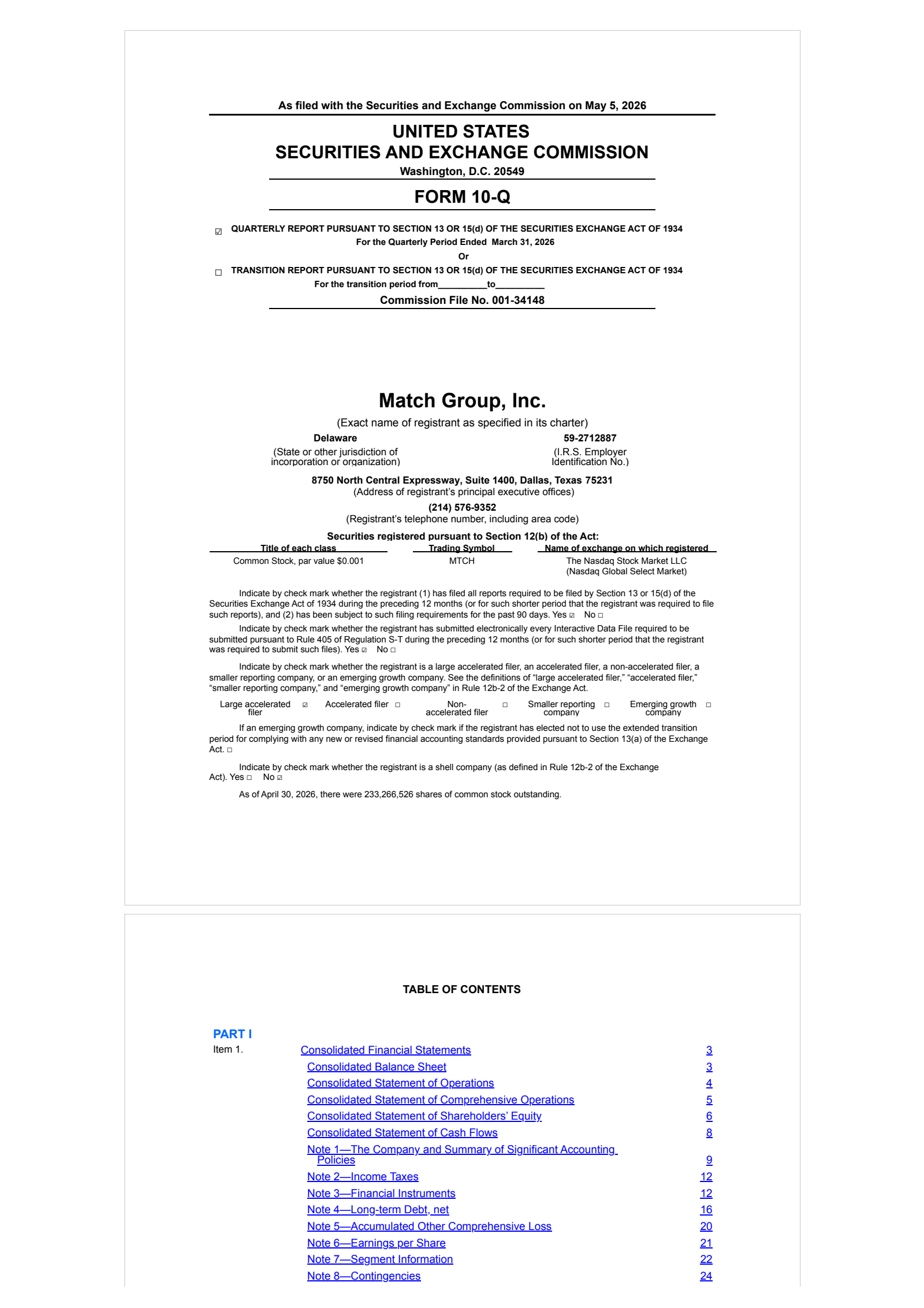 Match Group's Q1 2026 Quarterly report