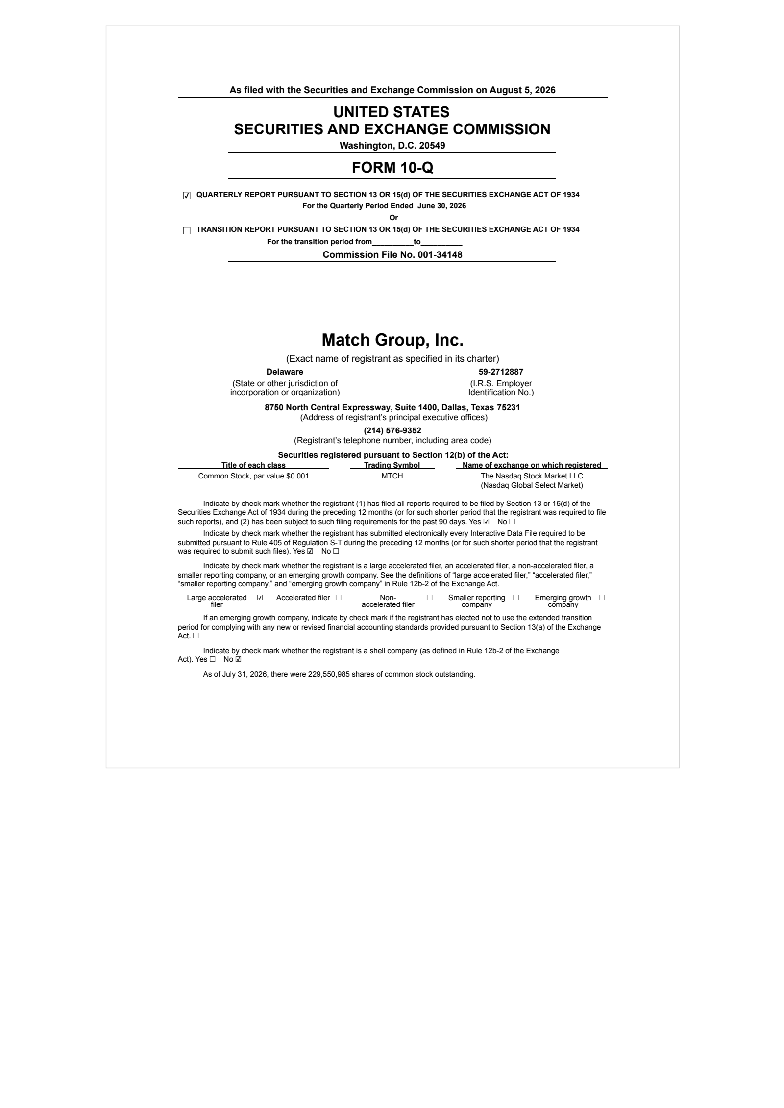 Match Group's Q2 2026 Quarterly report