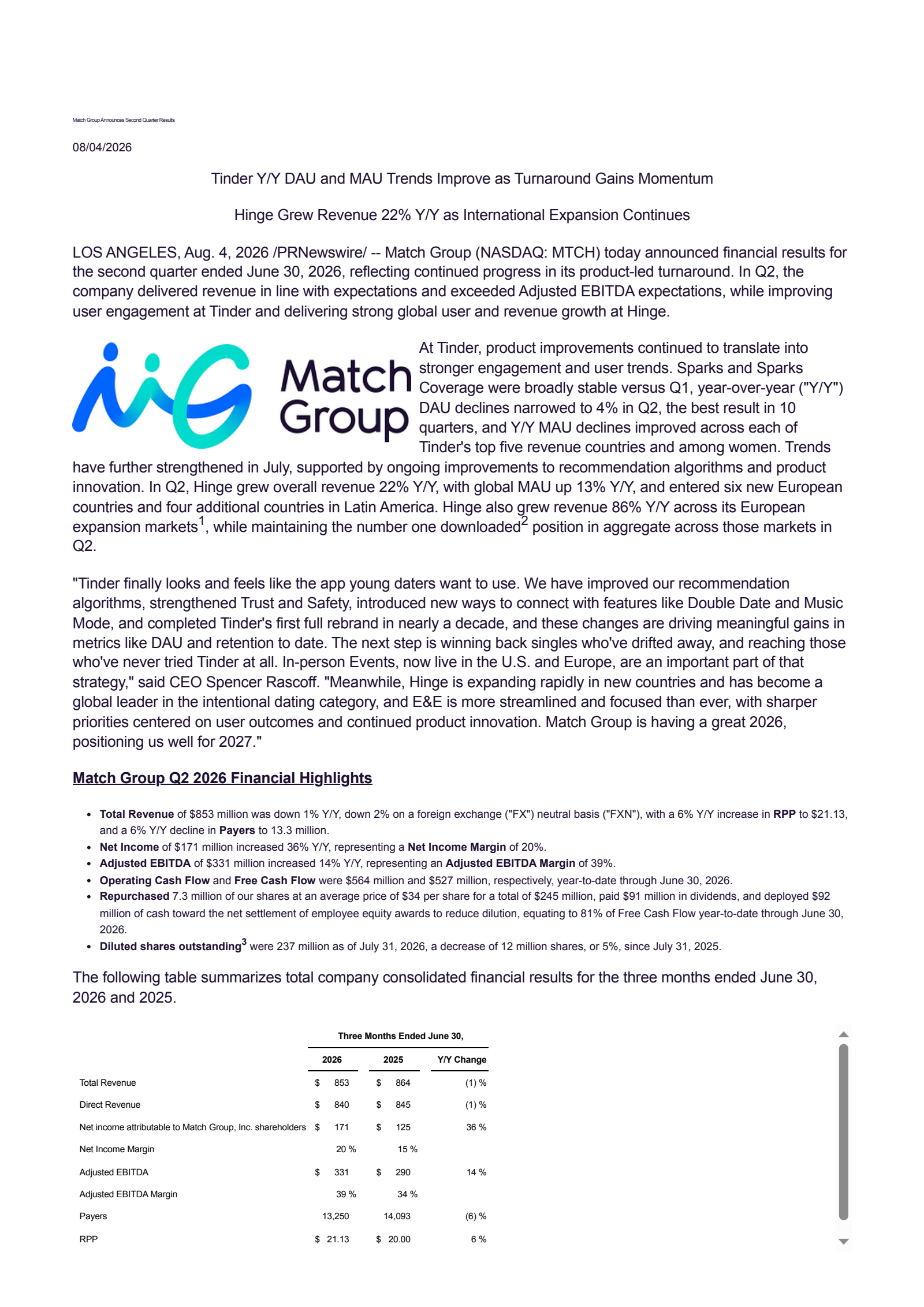 Match Group's Q2 2026 Press Release