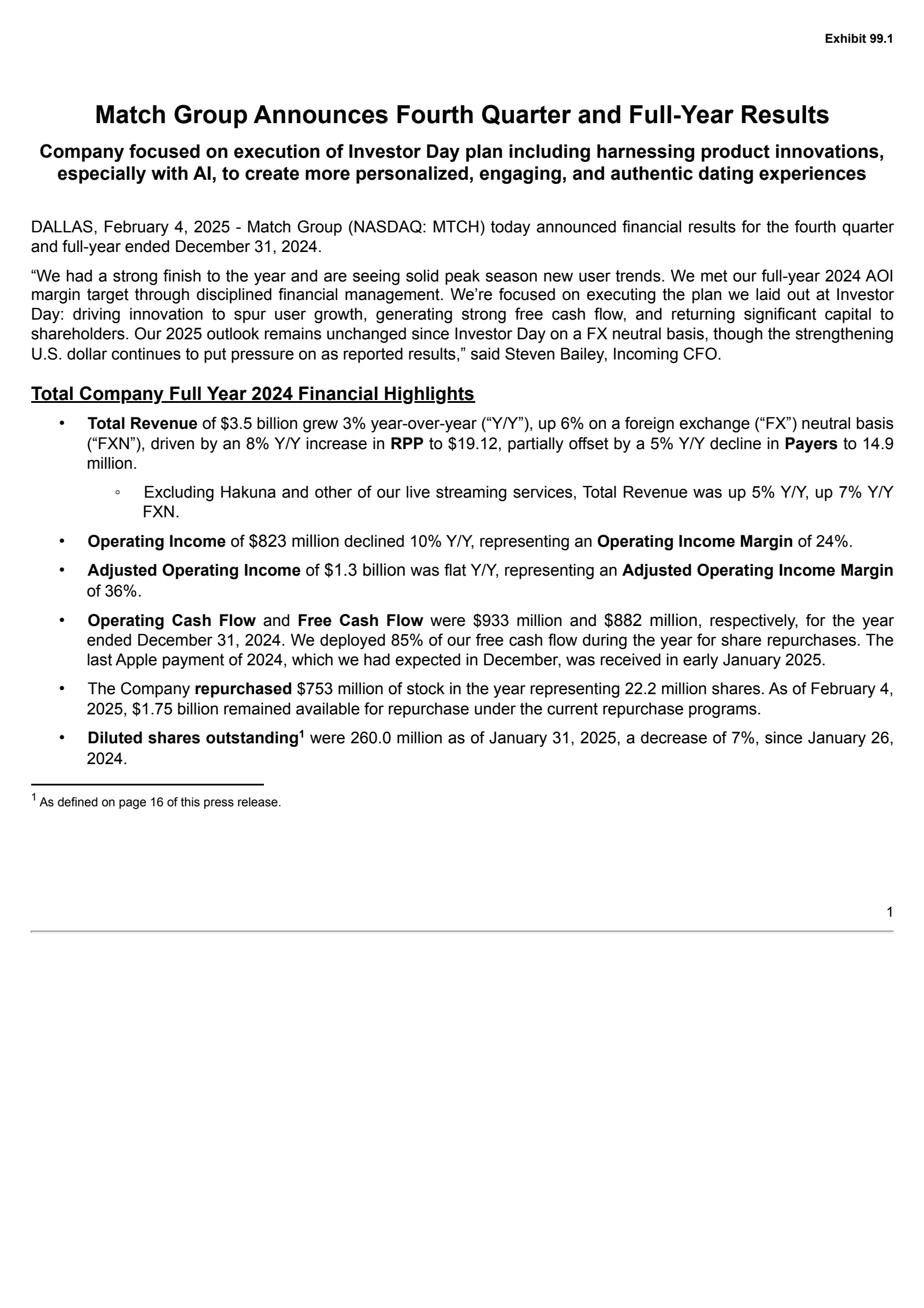 Match Group's Q4 2024 Press Release