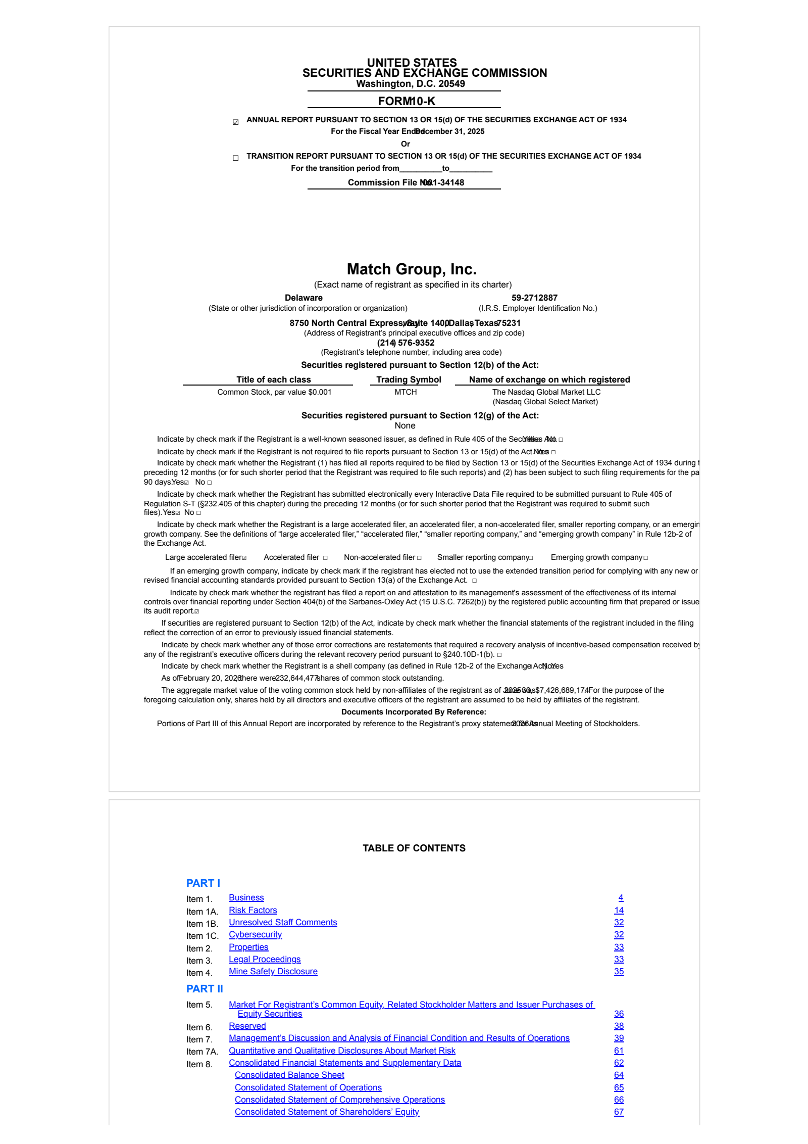 Match Group's Q4 2025 Annual report