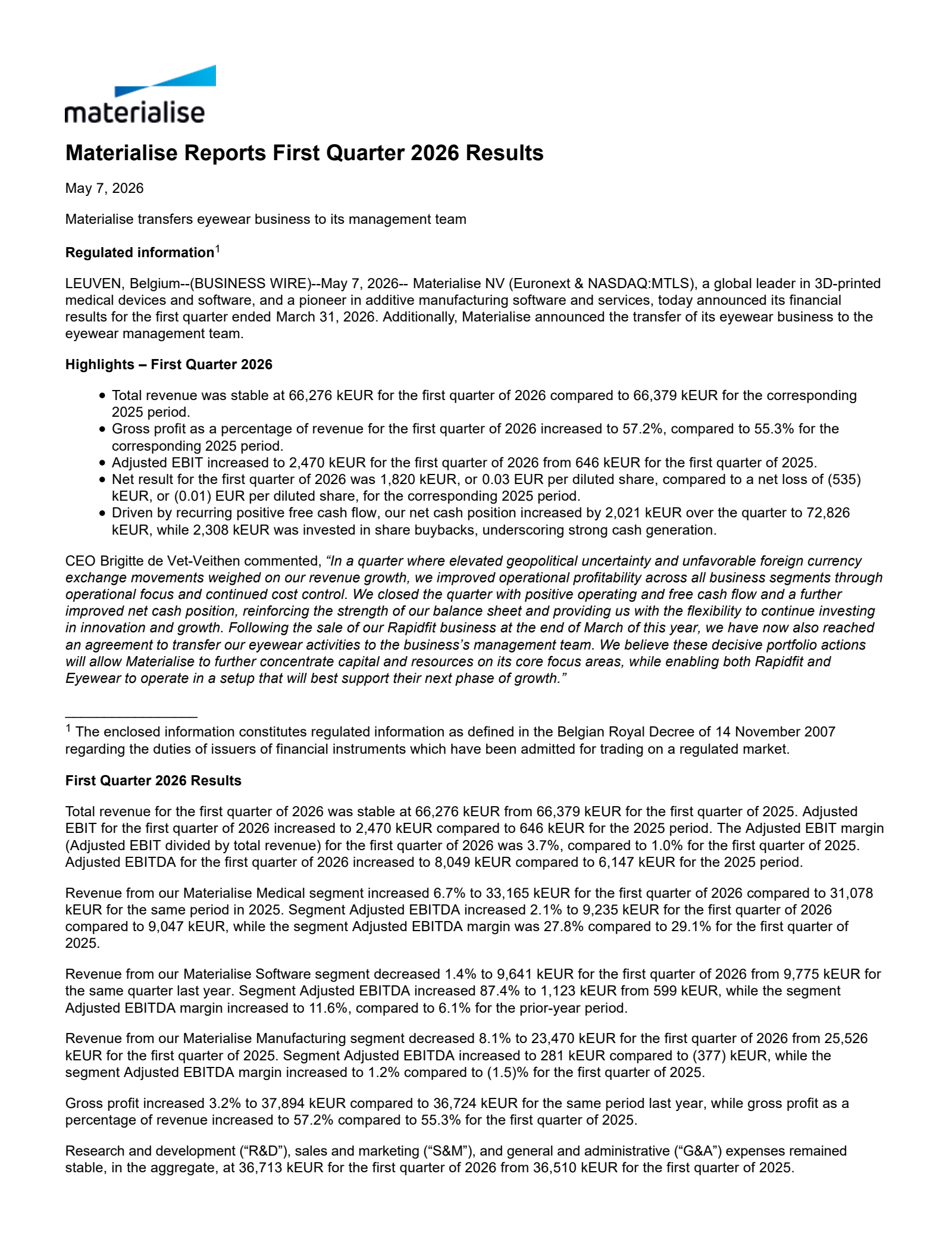 Materialise's Q1 2026 Press Release