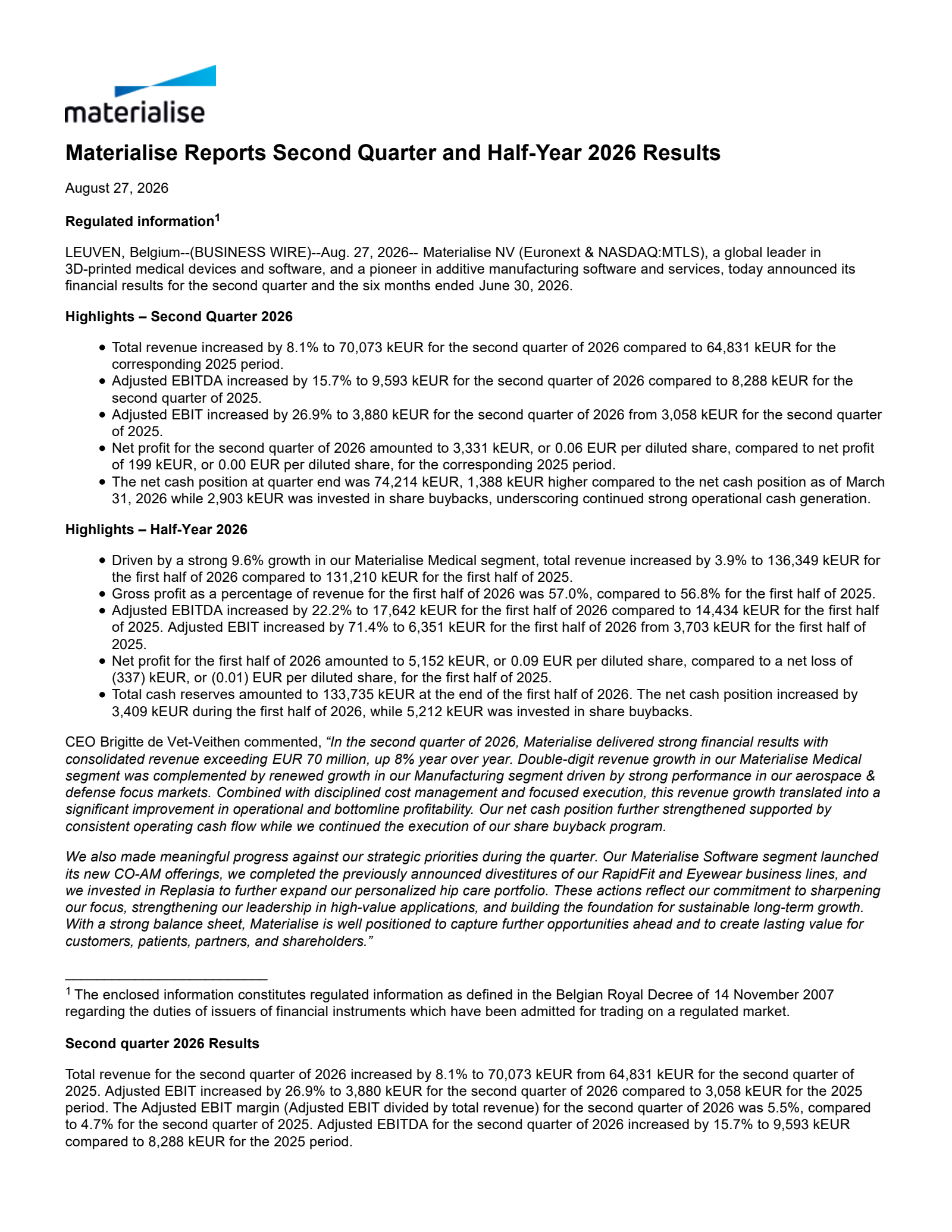 Materialise's Q2 2026 Press Release