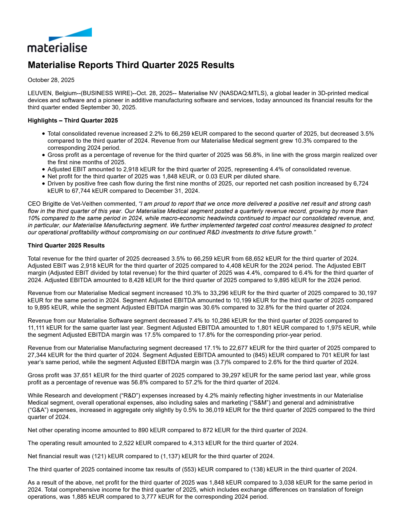 Materialise's Q3 2025 Earnings Release