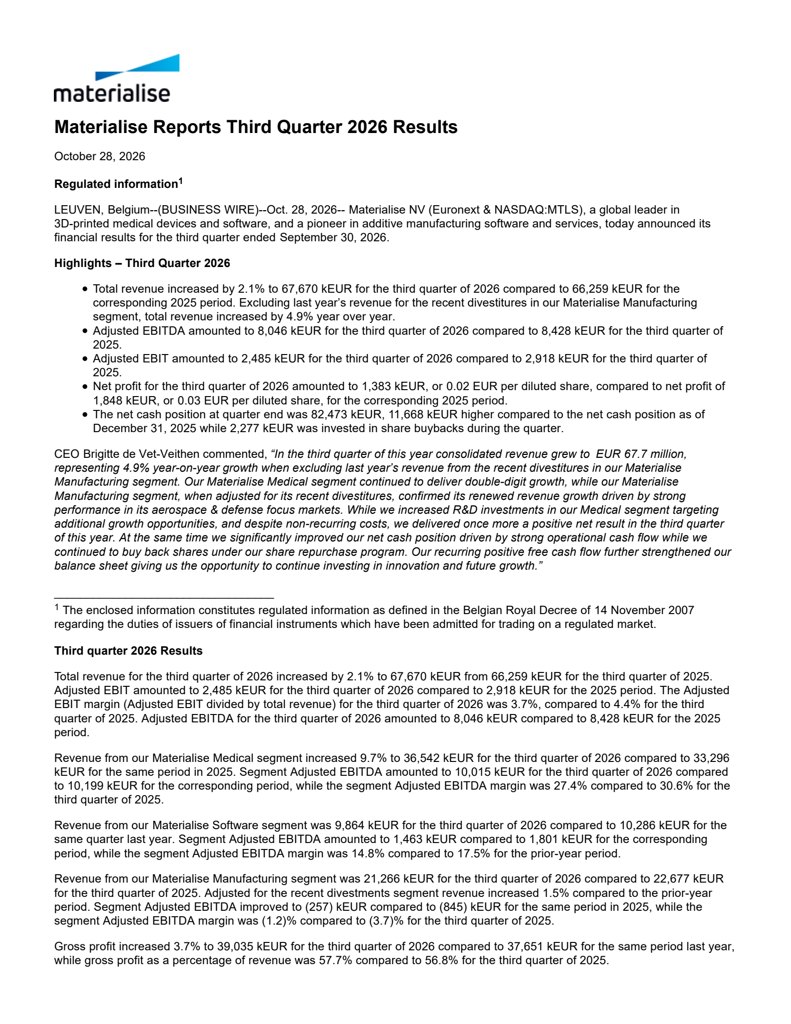 Materialise's Q3 2026 Press Release