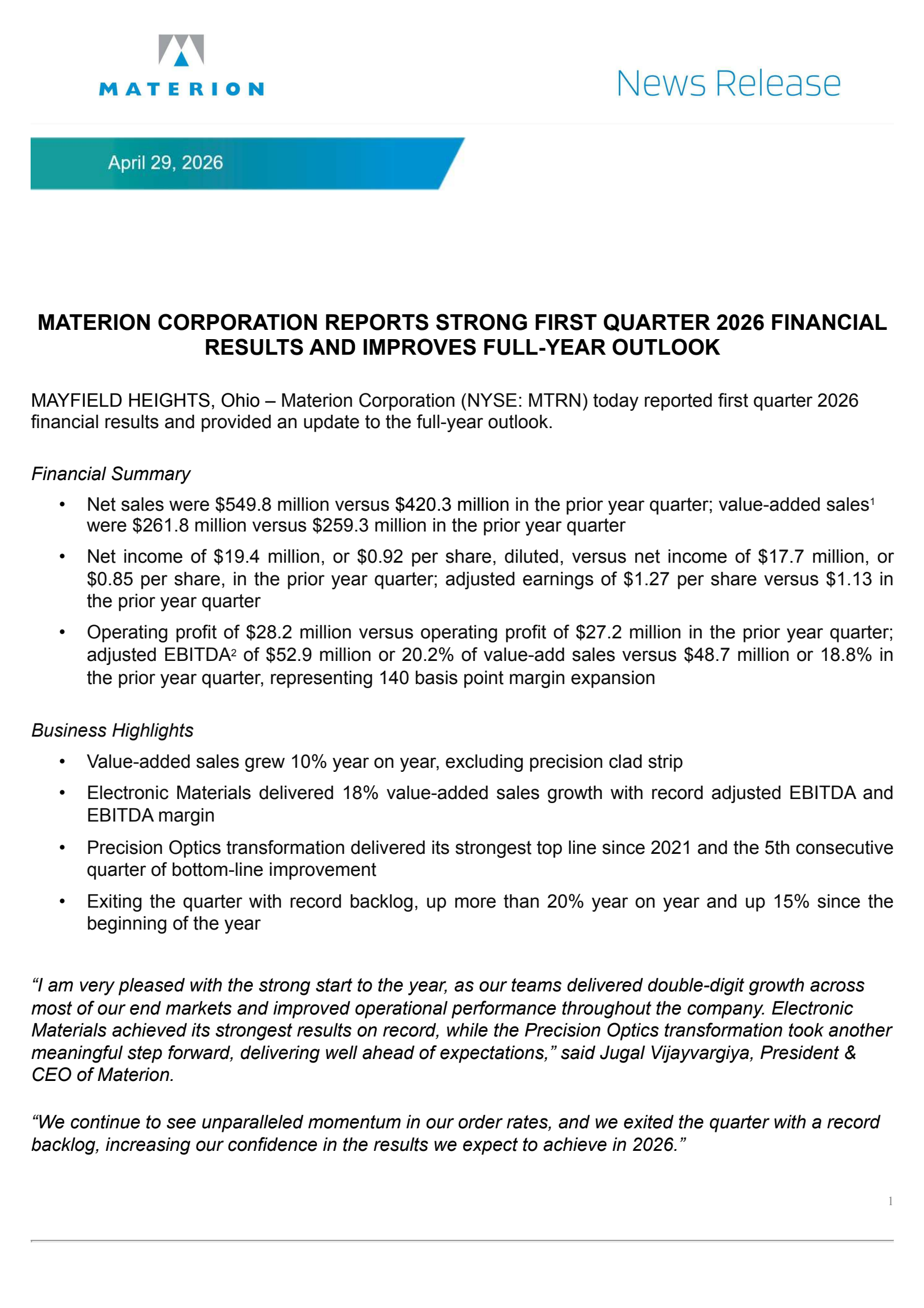 Materion's Q1 2026 Press Release