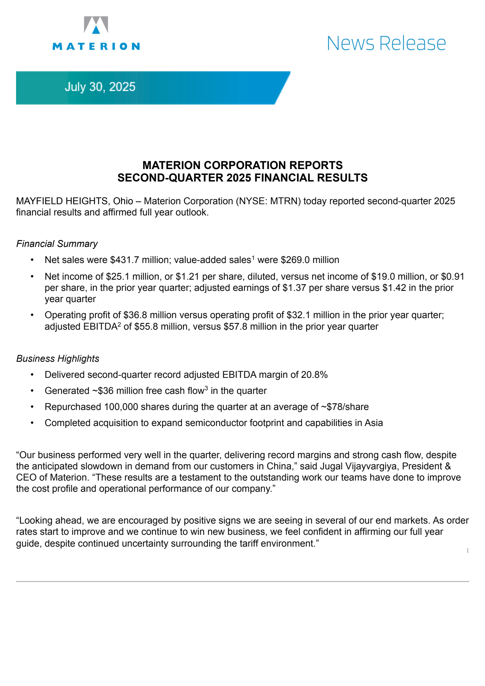 Materion's Q2 2025 Press Release