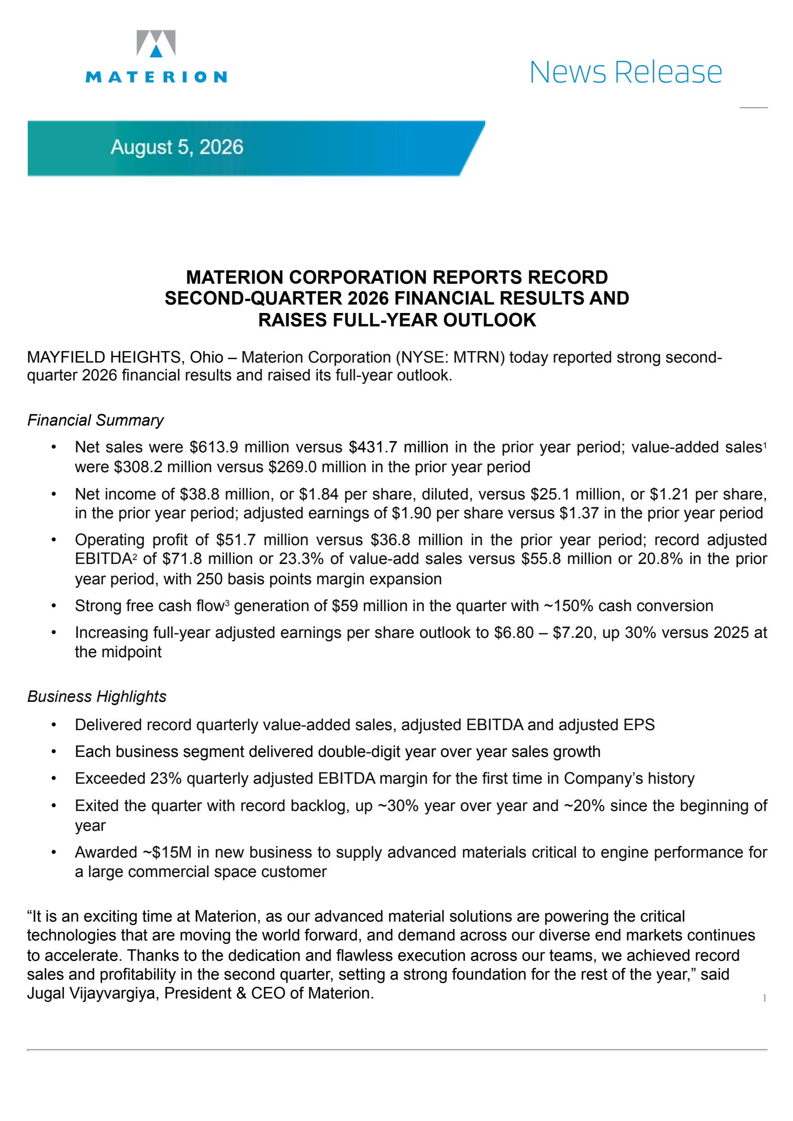 Materion's Q2 2026 Press Release