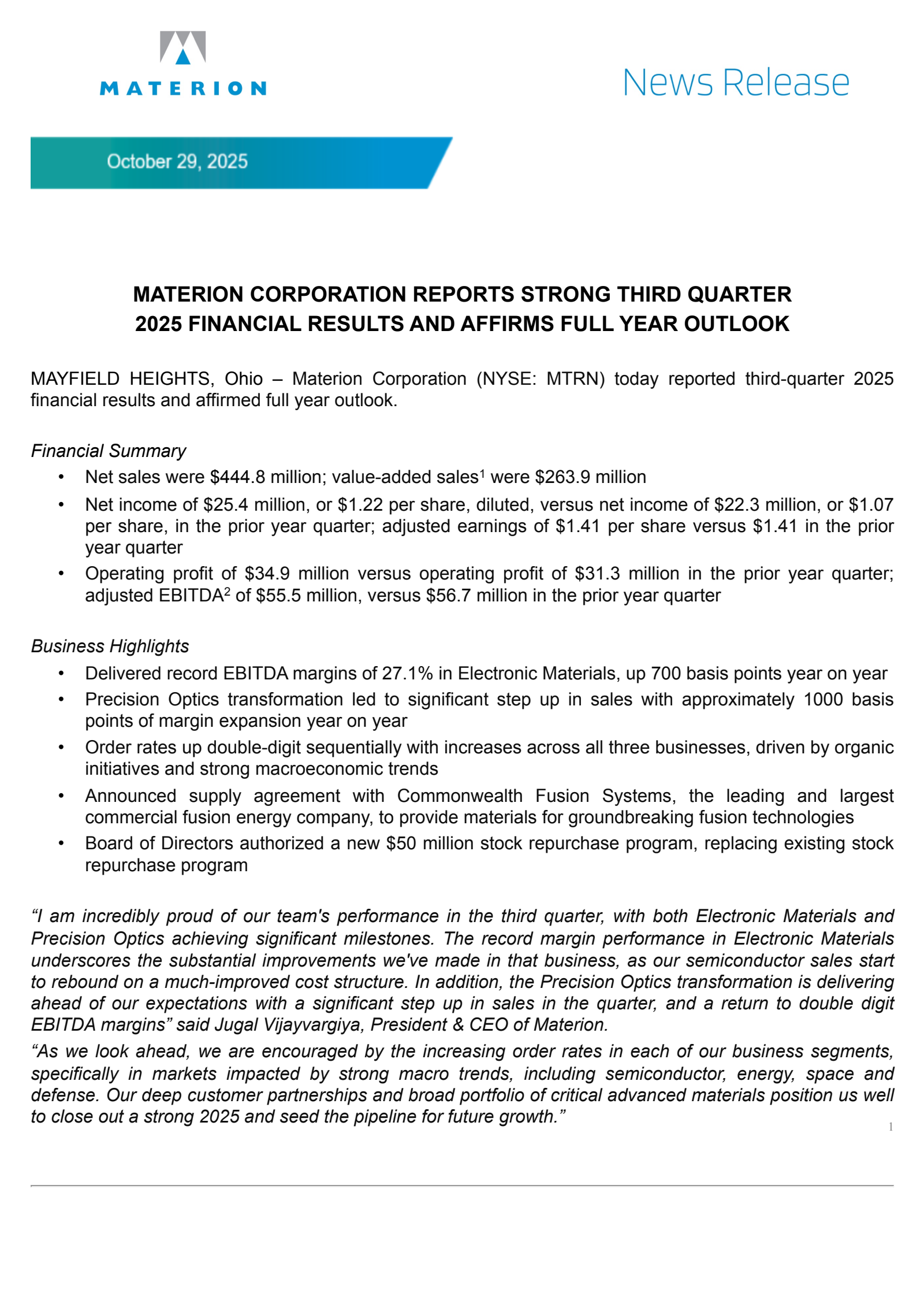 Materion's Q3 2025 Earnings Release