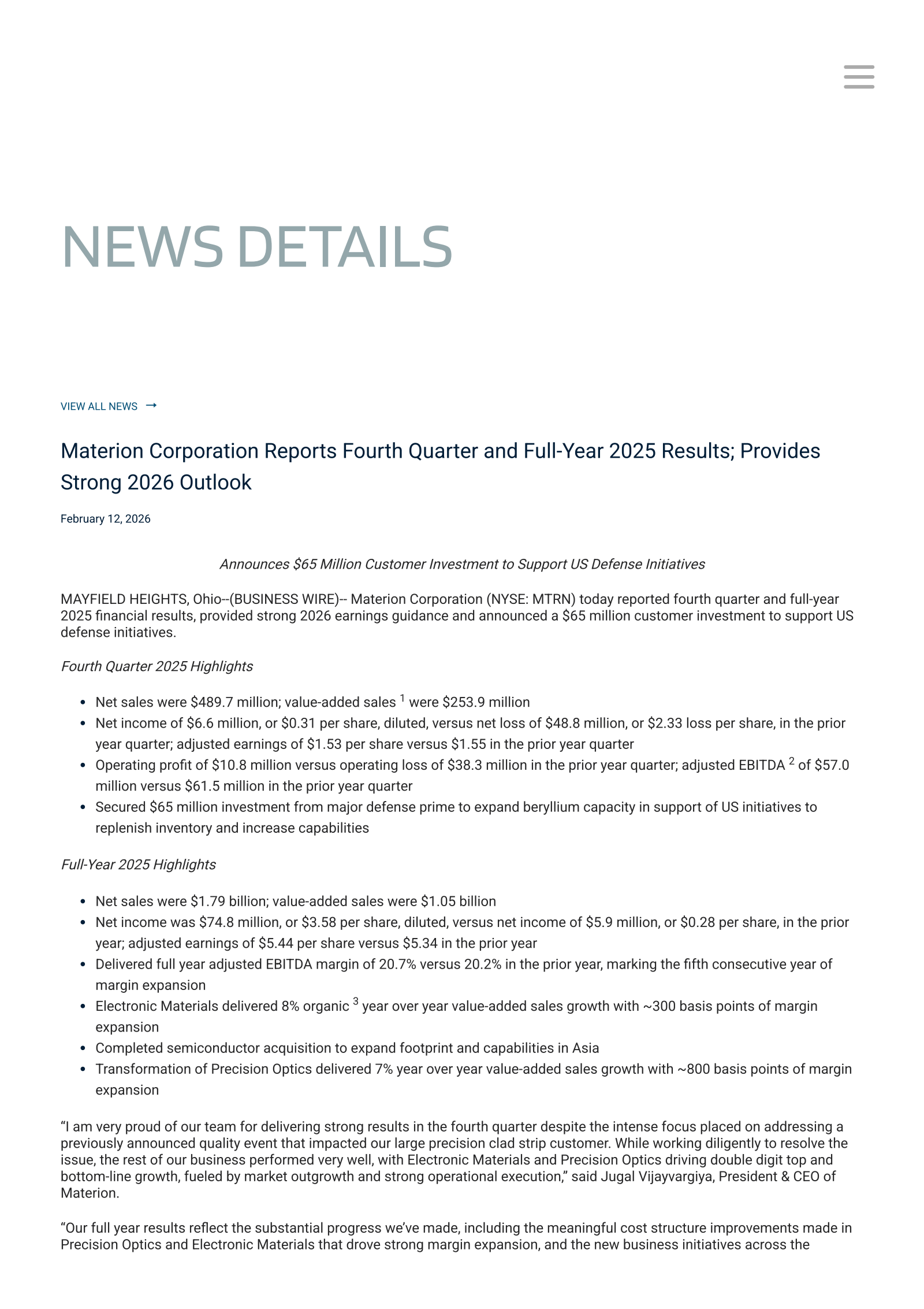 Materion's Q4 2025 Press Release