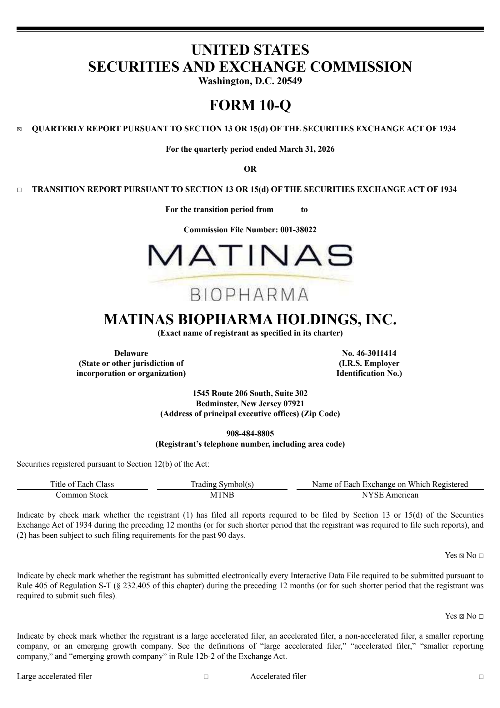 Matinas Biopharma's Q1 2026 Quarterly report