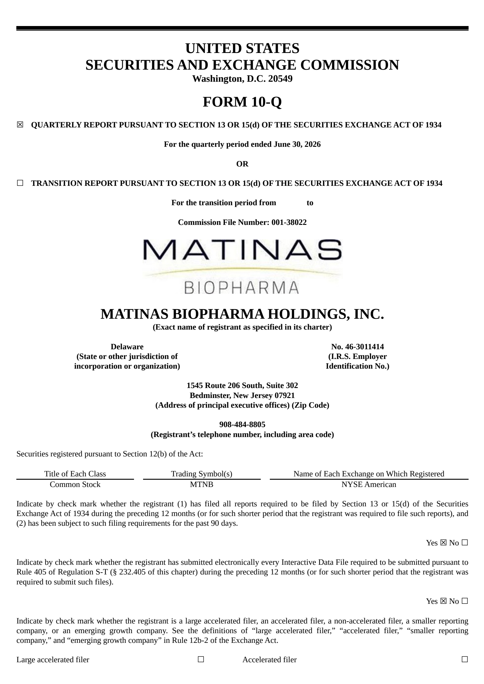 Matinas Biopharma's Q2 2026 Quarterly report
