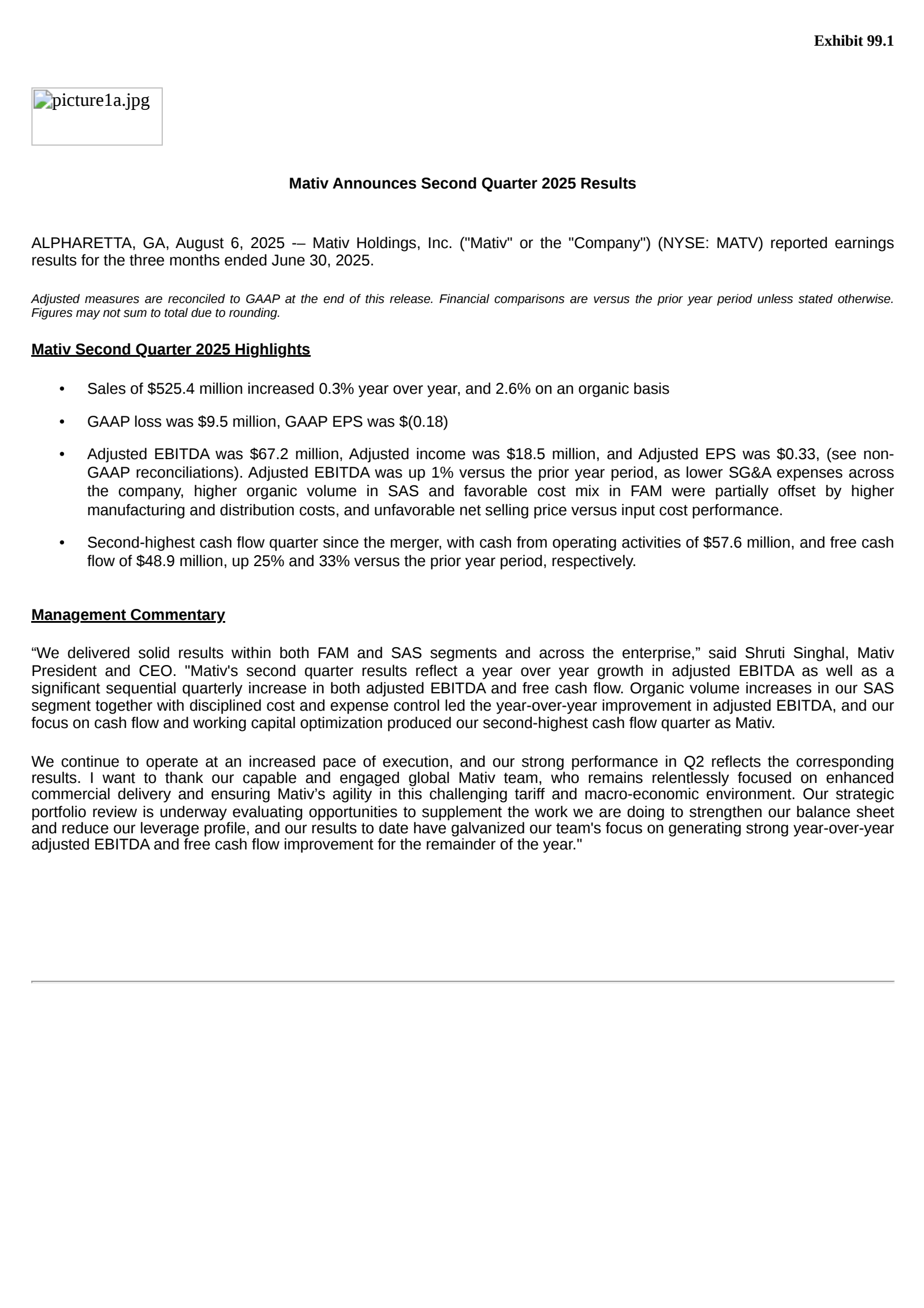 Mativ's Q2 2025 Press Release