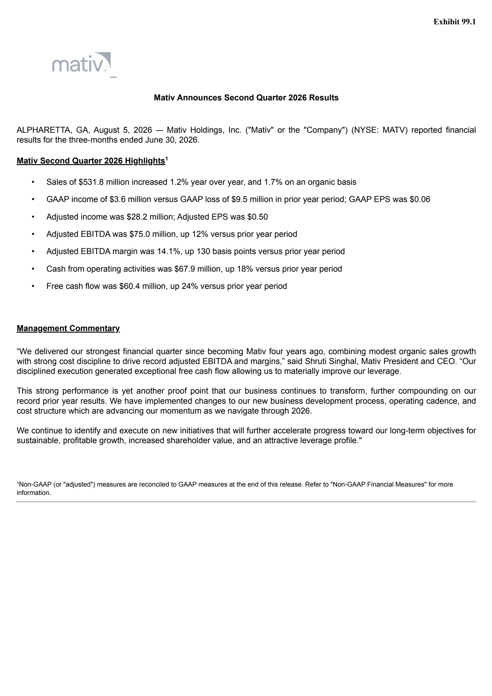 Mativ's Q2 2026 Press Release
