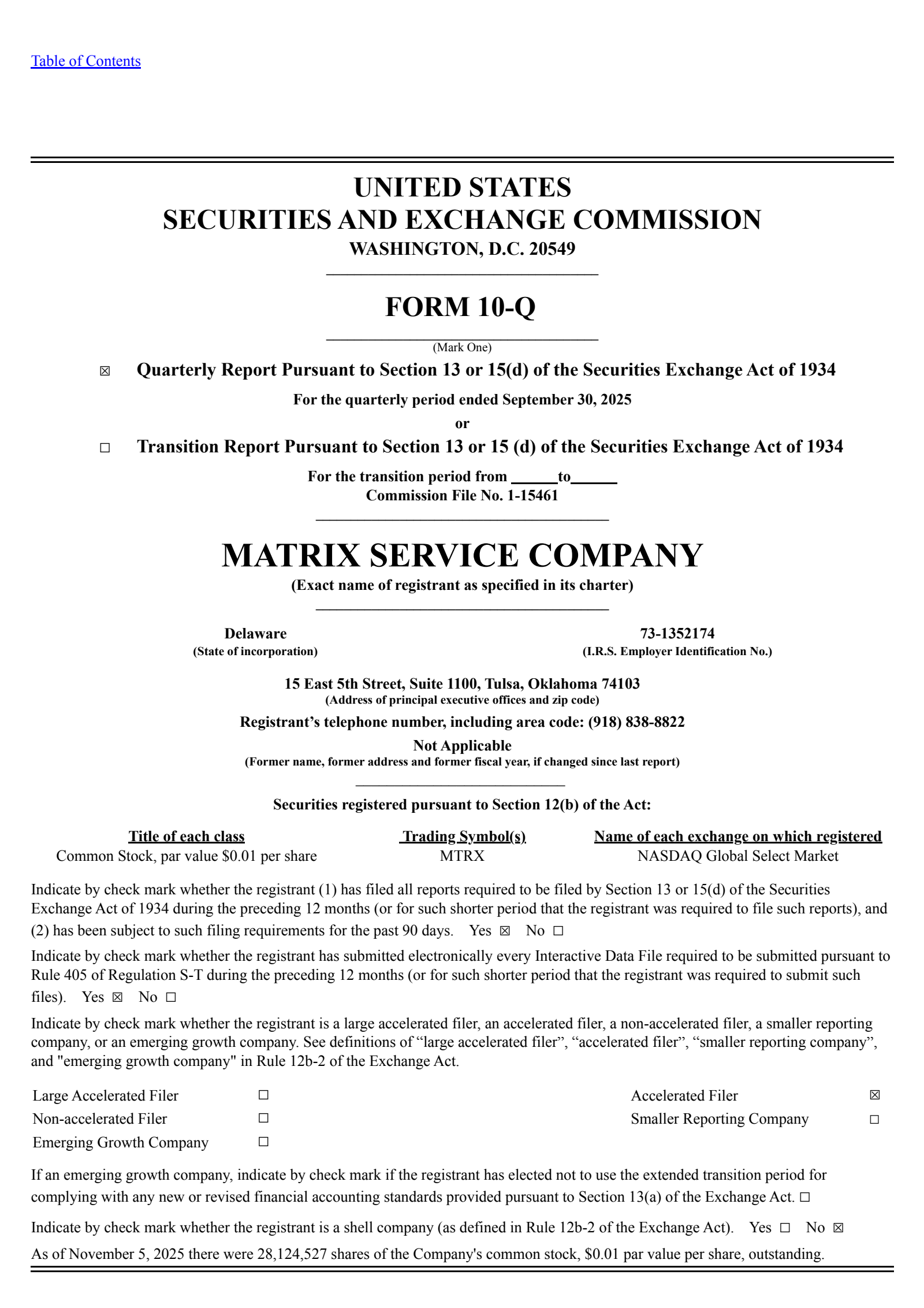 Matrix Service's Q1 2026 Quarterly Report