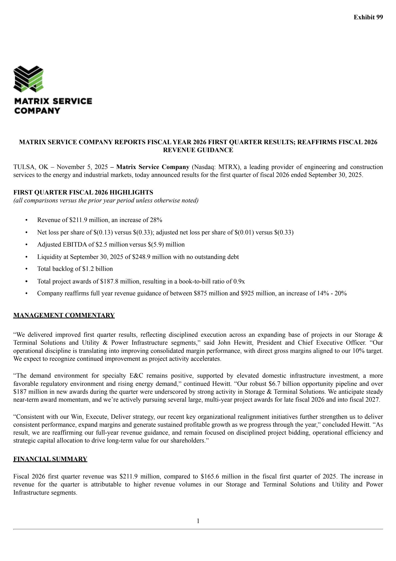 Matrix Service's Q1 2026 Earnings Release
