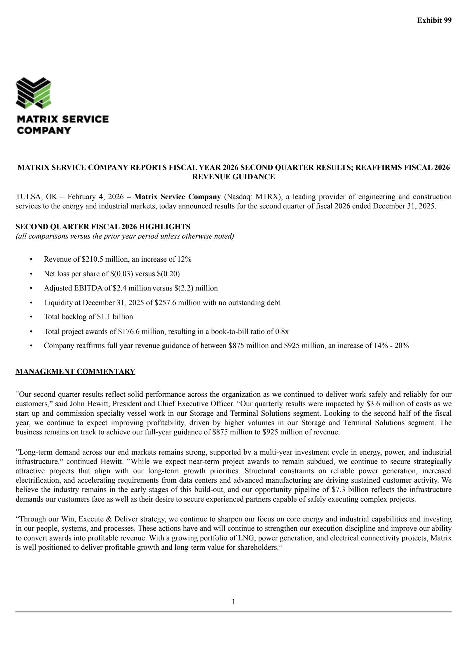 Matrix Service's Q2 2026 Press Release