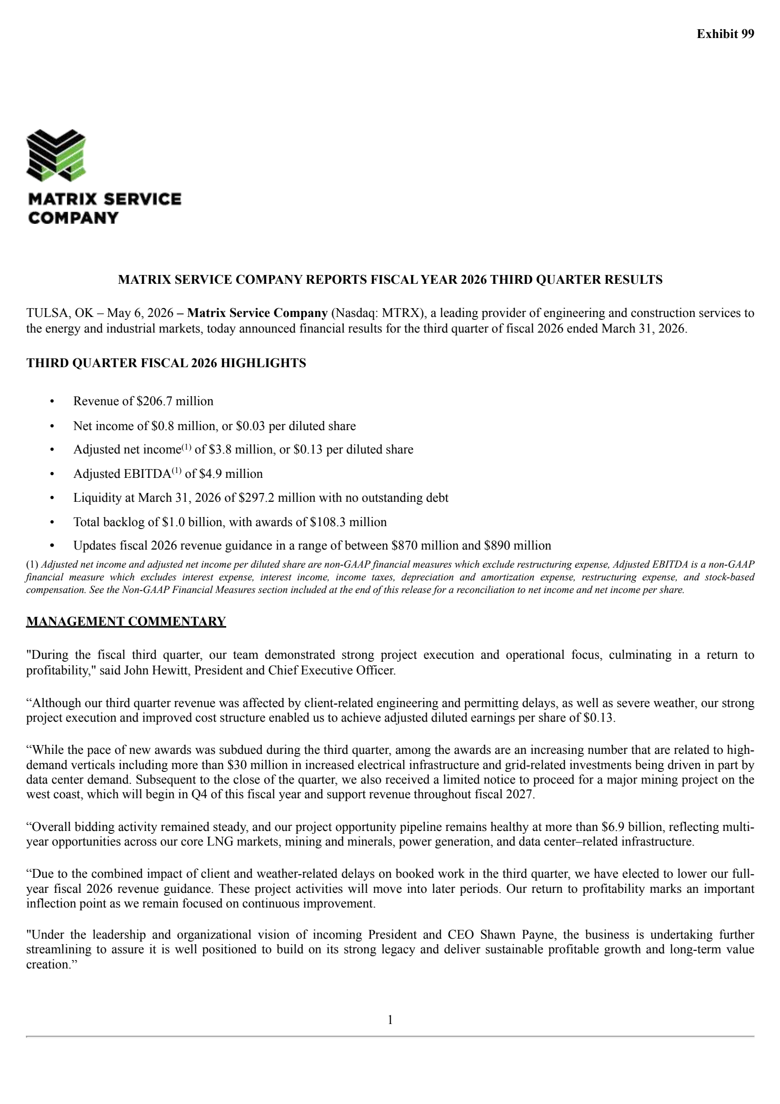 Matrix Service's Q3 2026 Press Release