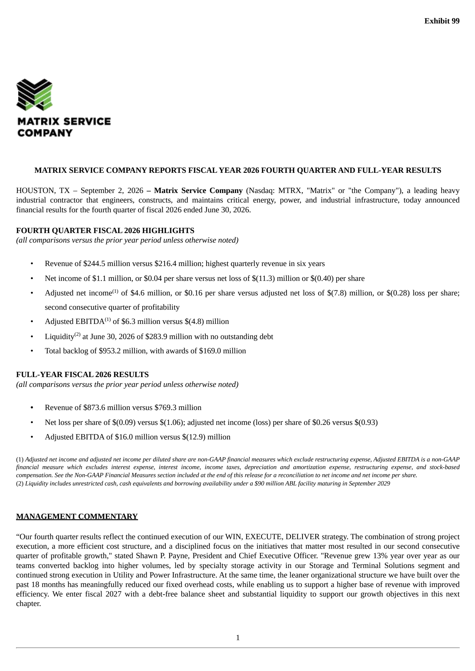 Matrix Service's Q4 2026 Press Release
