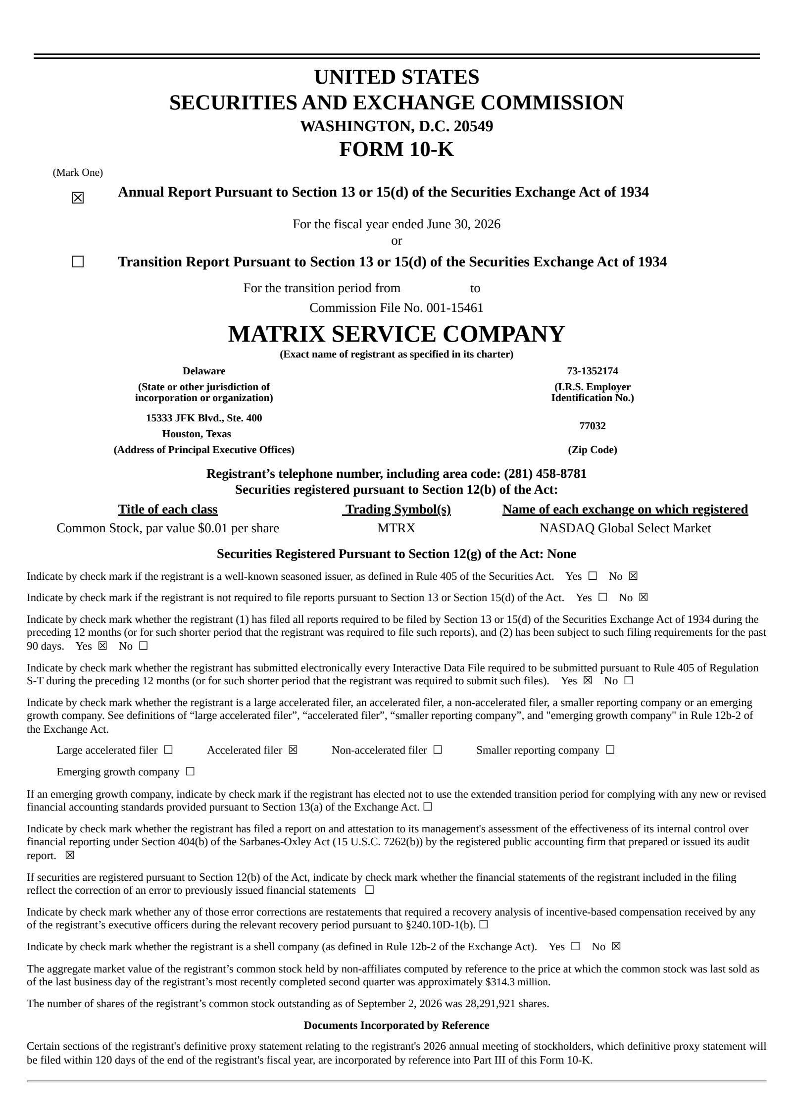 Matrix Service's Q4 2026 Annual report