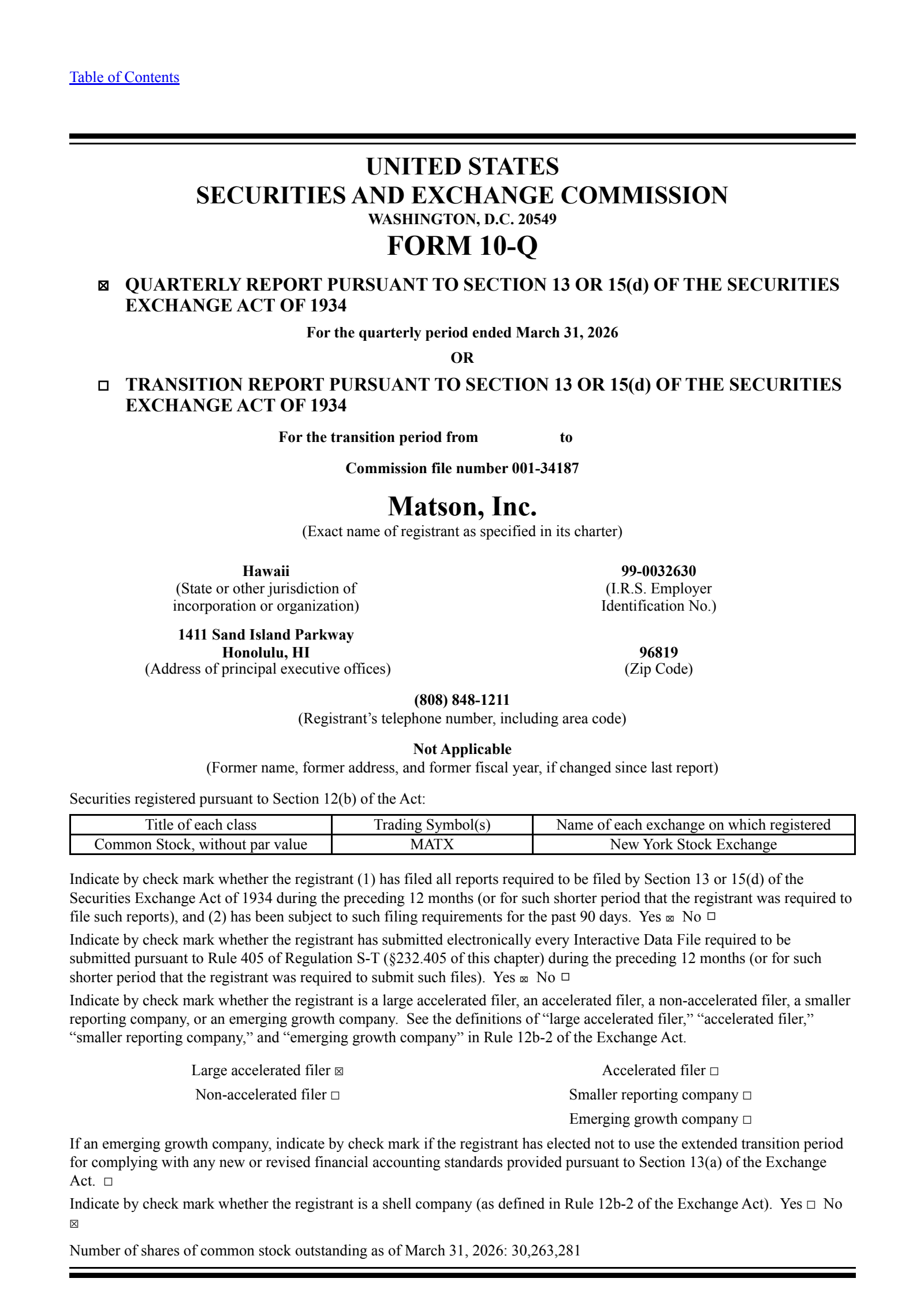 Matson's Q1 2026 Quarterly report