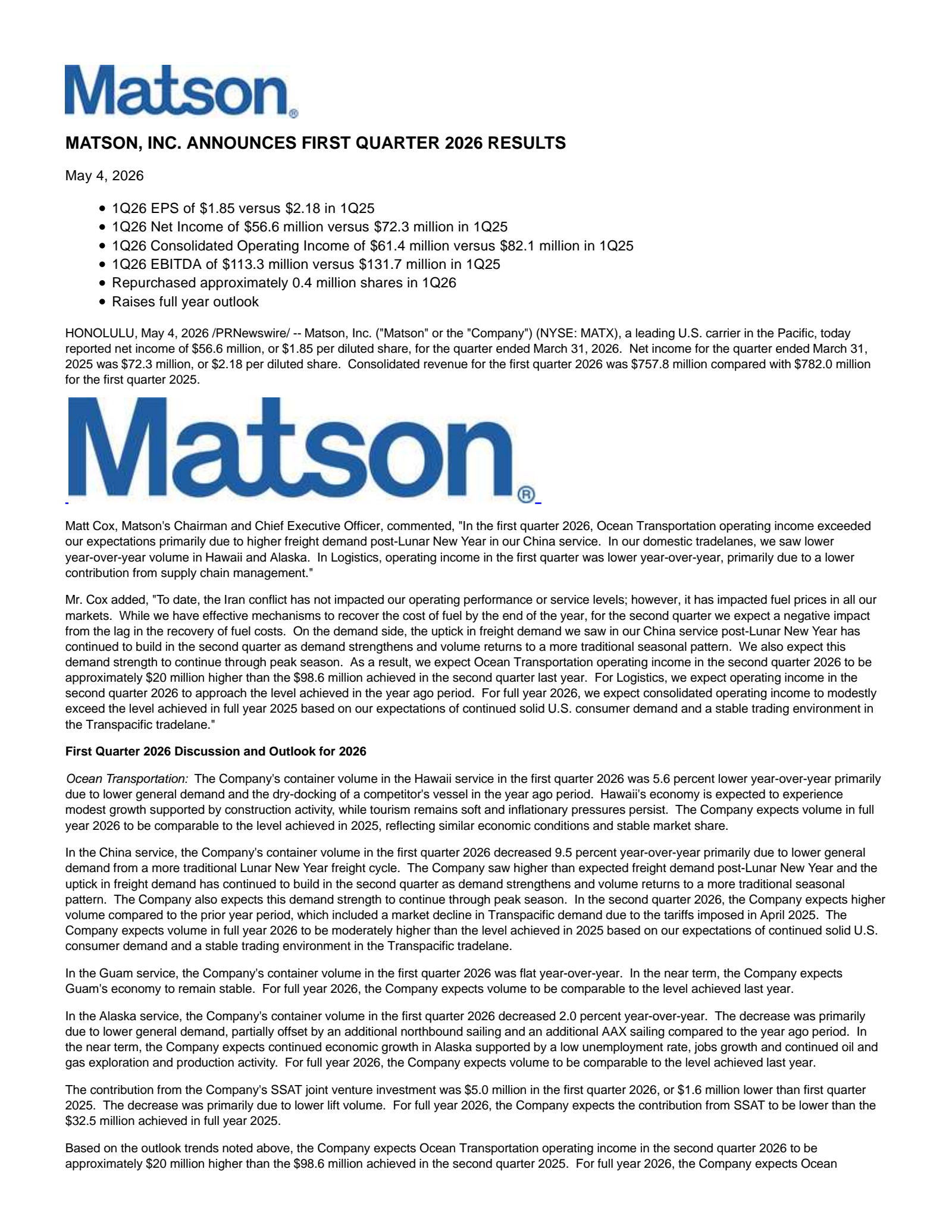 Matson's Q1 2026 Press Release