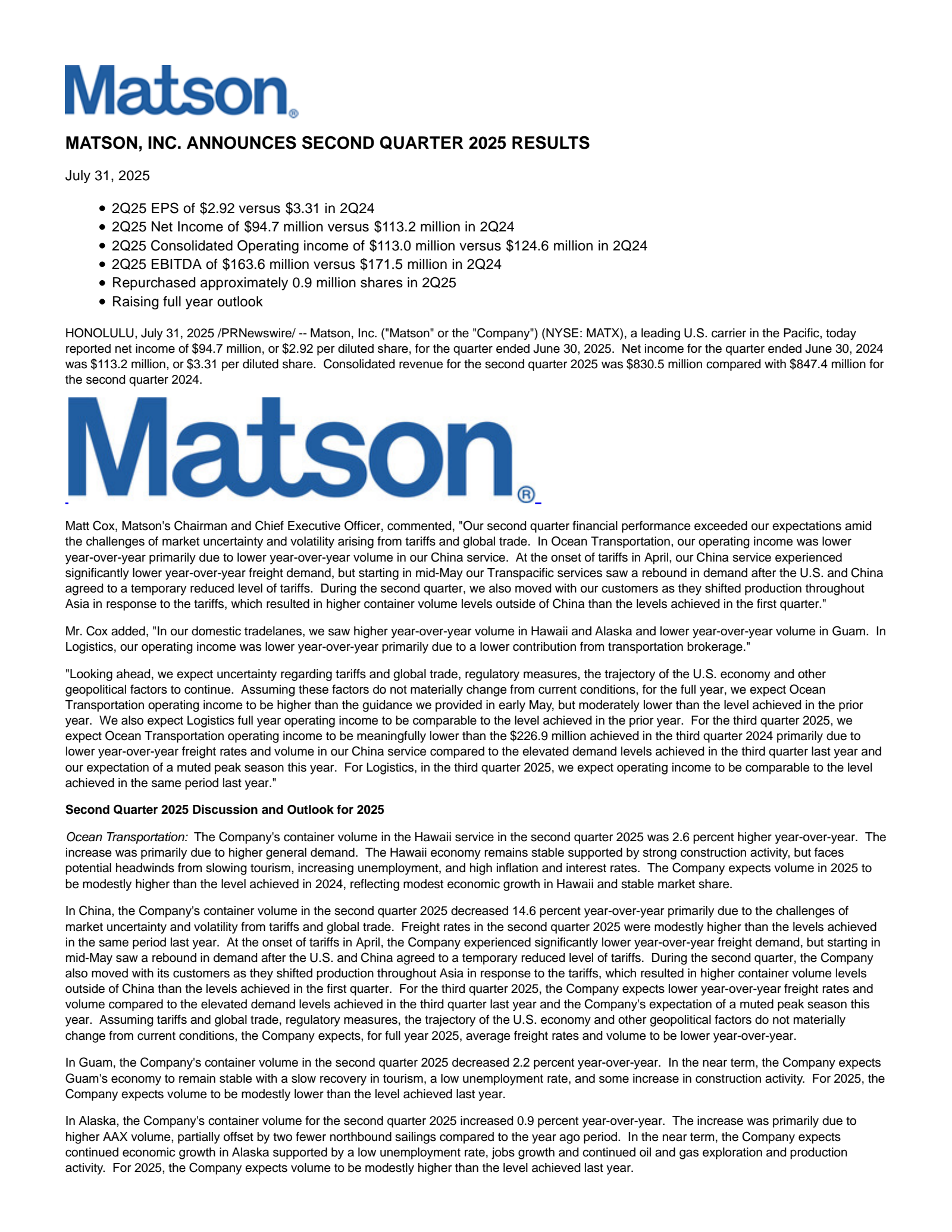 Matson's Q2 2025 Press Release
