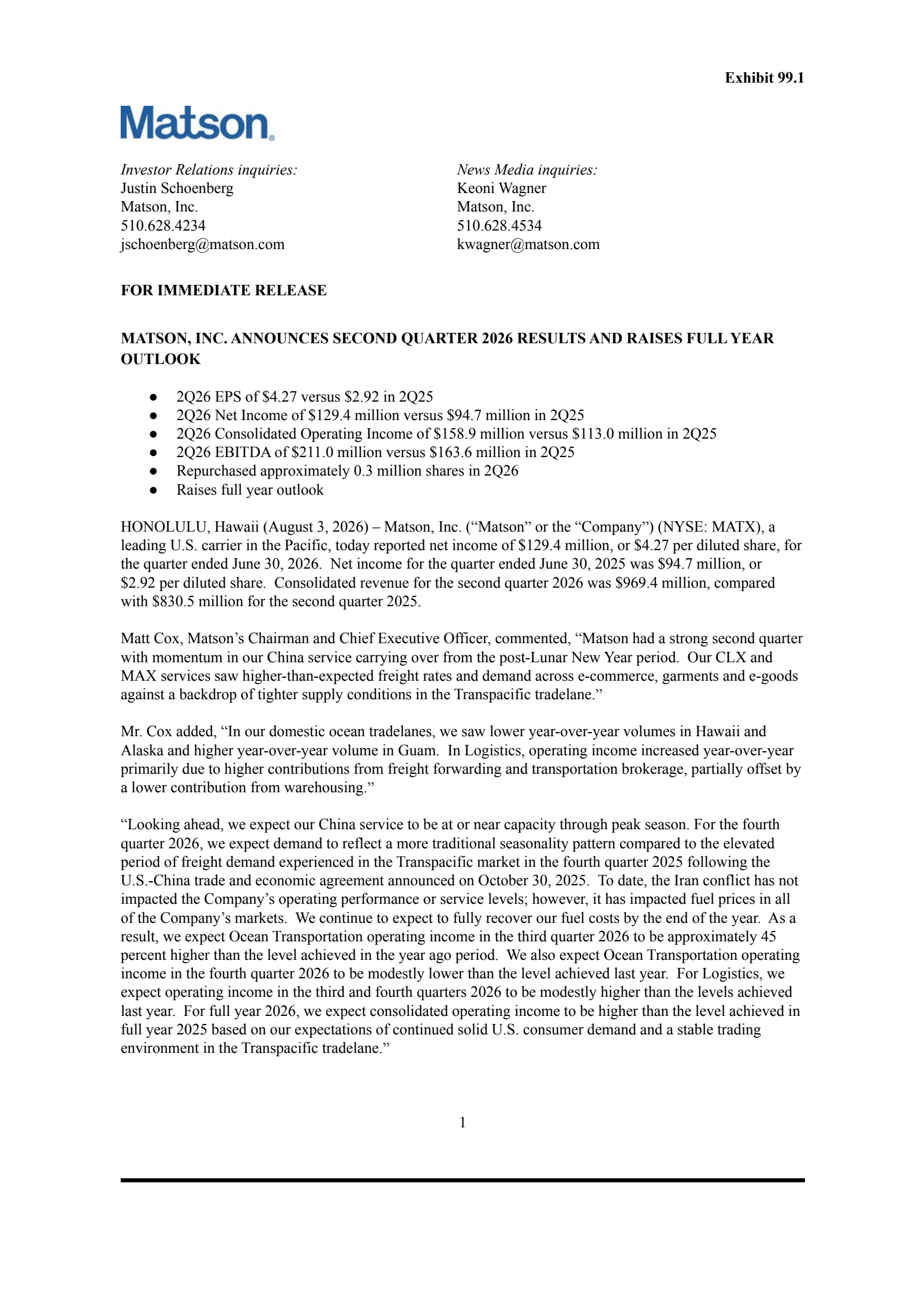 Matson's Q2 2026 Press Release