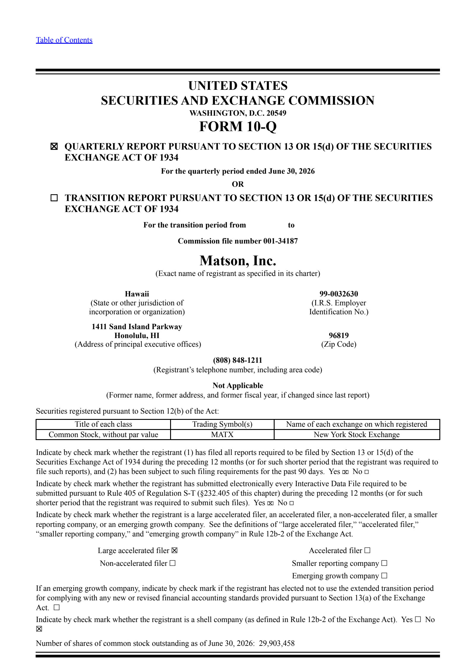 Matson's Q2 2026 Quarterly report