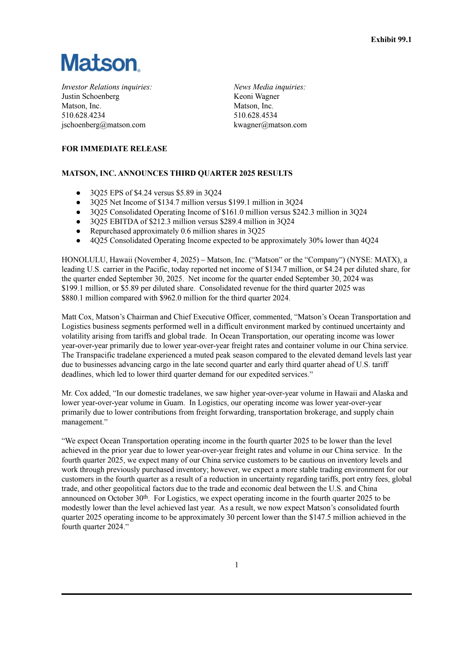 Matson's Q3 2025 Earnings Release