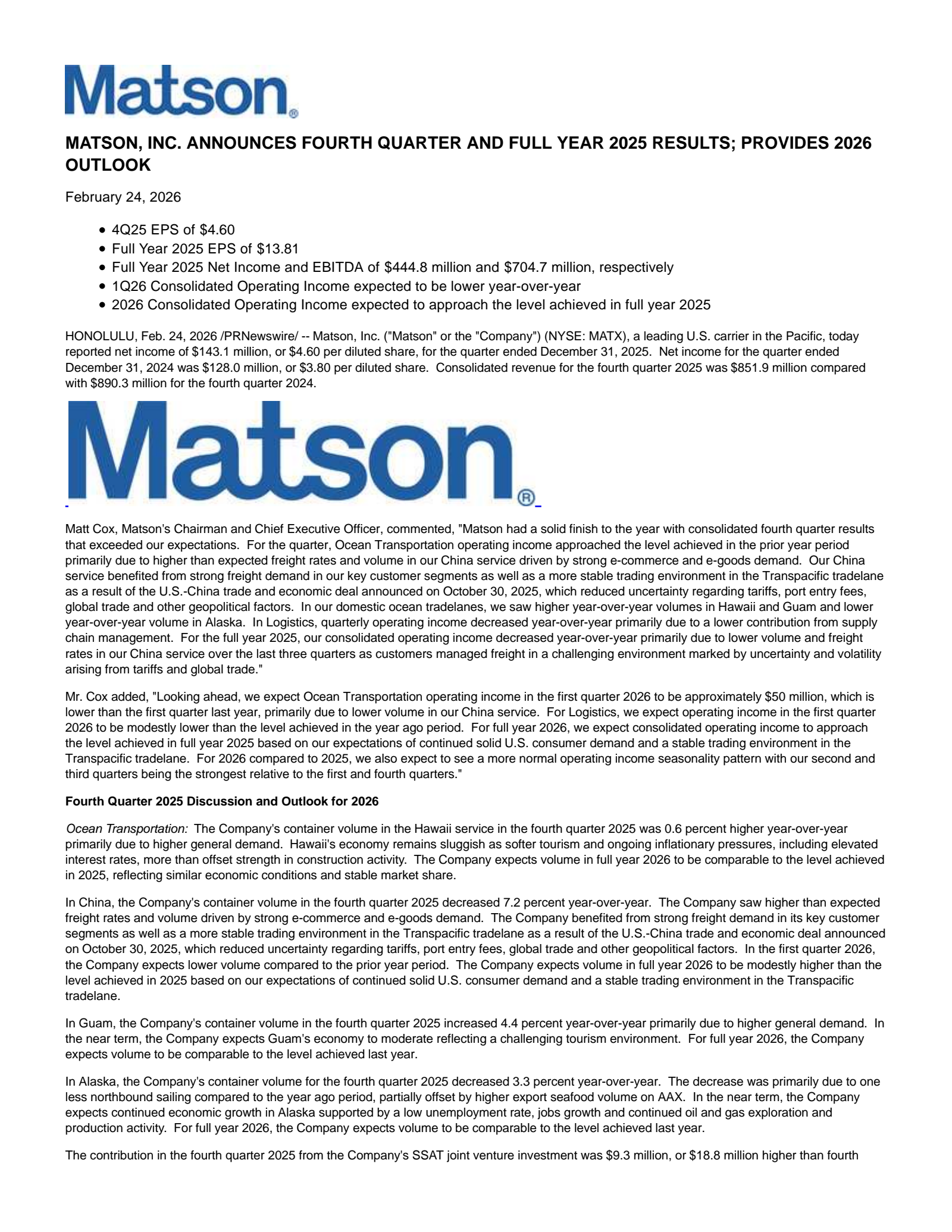 Matson's Q4 2025 Press Release