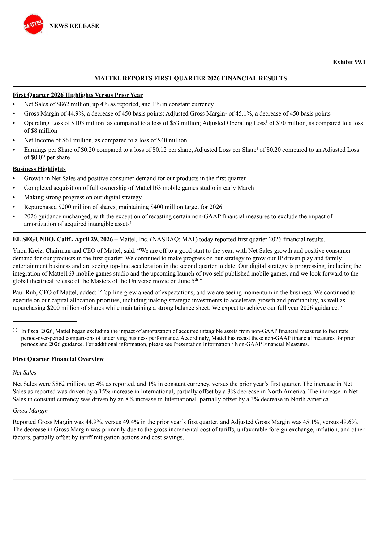 Mattel's Q1 2026 Press Release