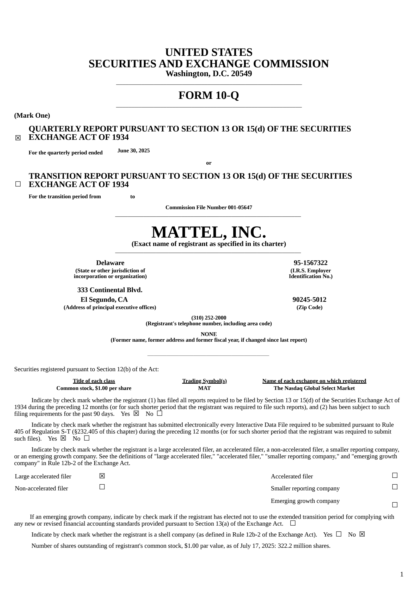 Mattel's Q2 2025 Quarterly report