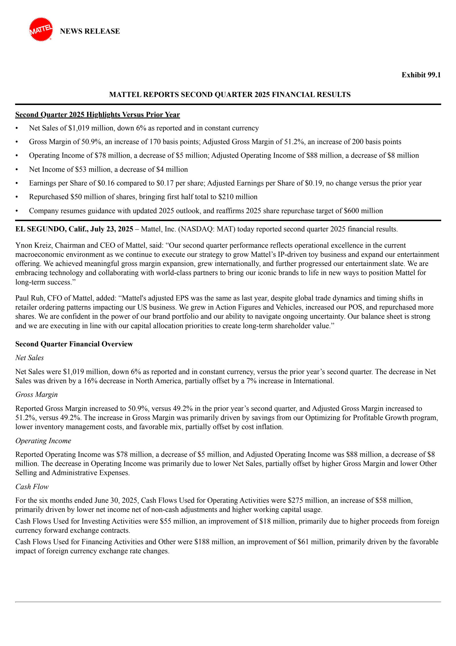 Mattel's Q2 2025 Press Release