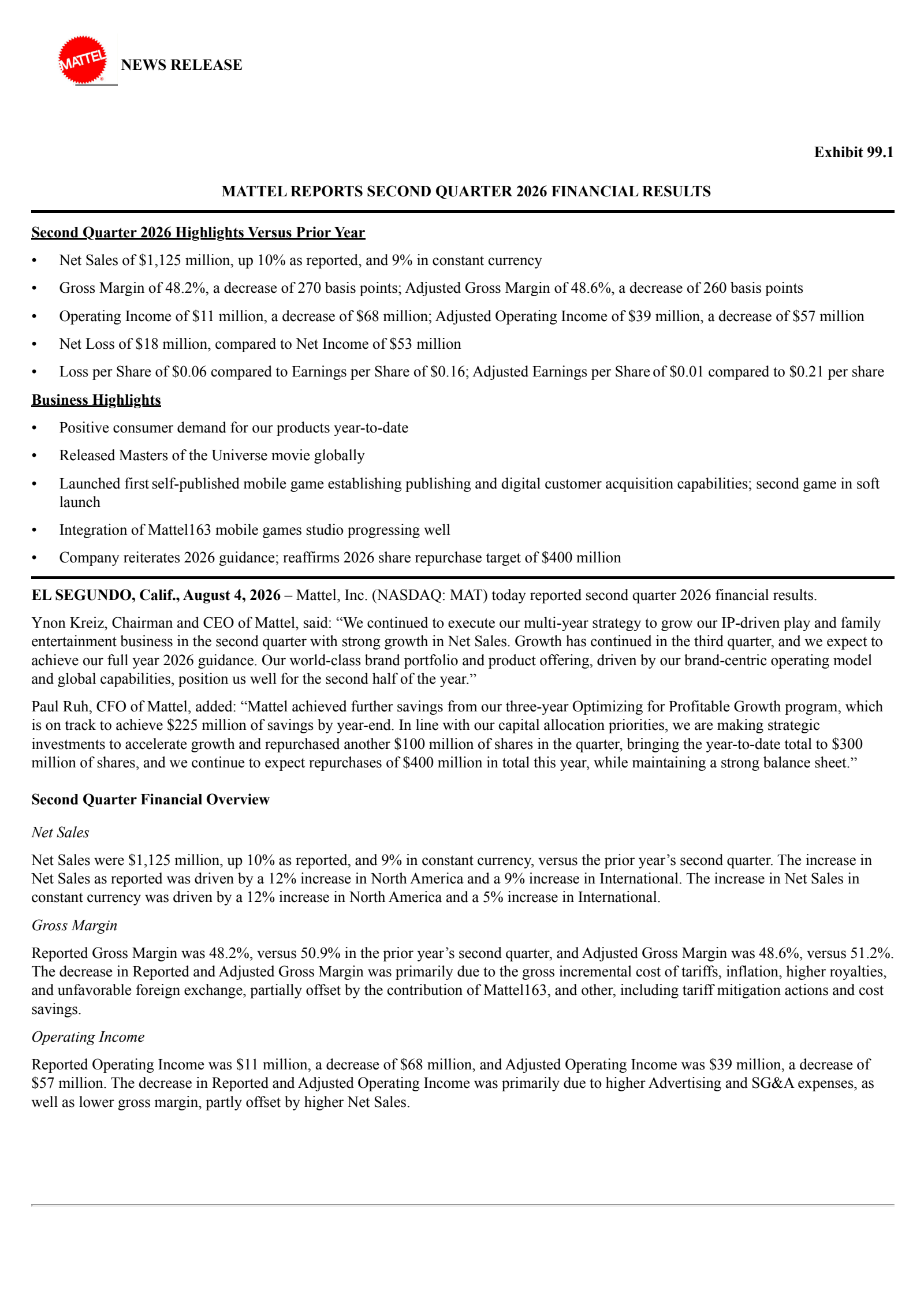 Mattel's Q2 2026 Press Release