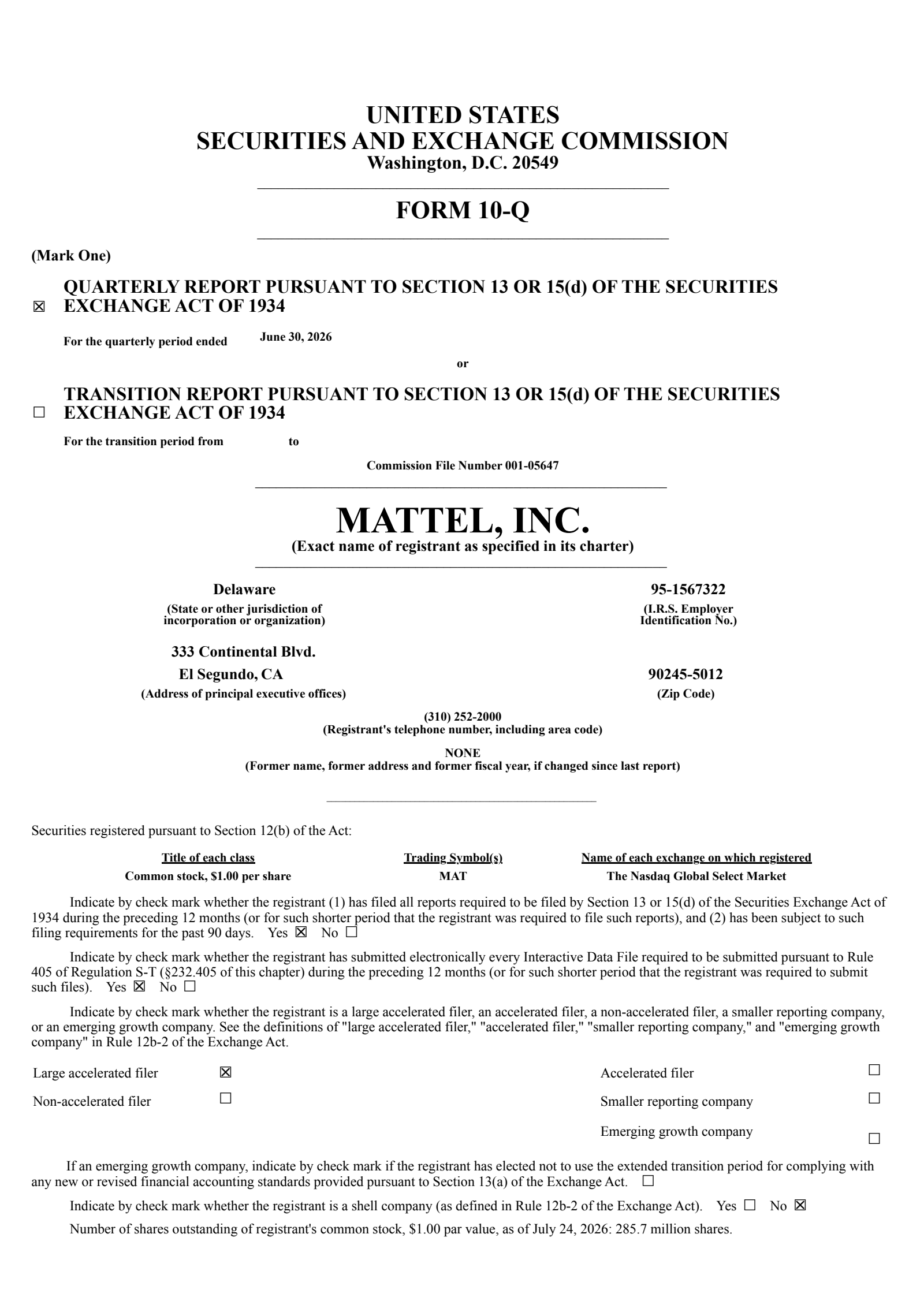Mattel's Q2 2026 Quarterly report