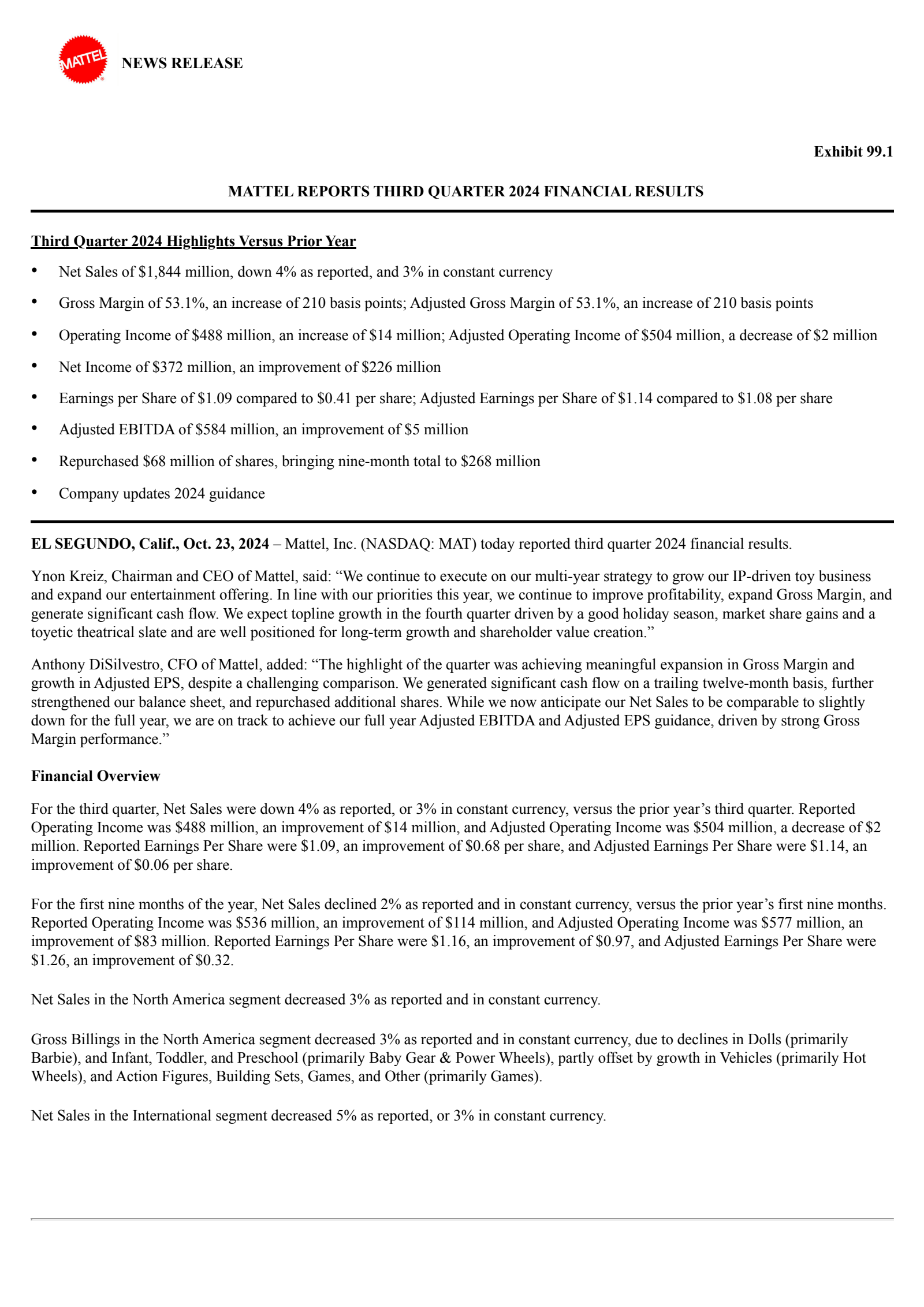 Mattel's Q3 2024 Press Release