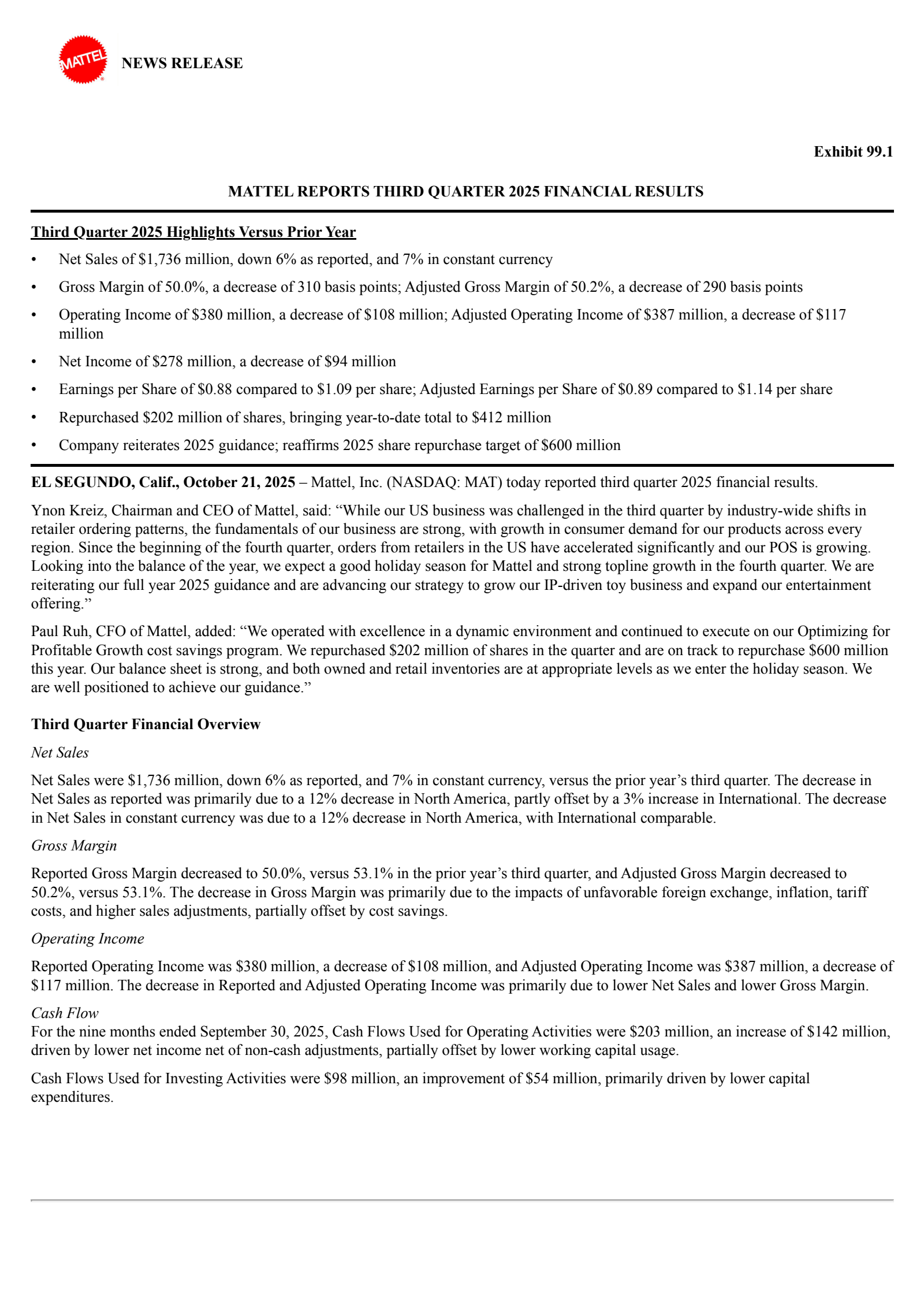 Mattel's Q3 2025 Earnings Release