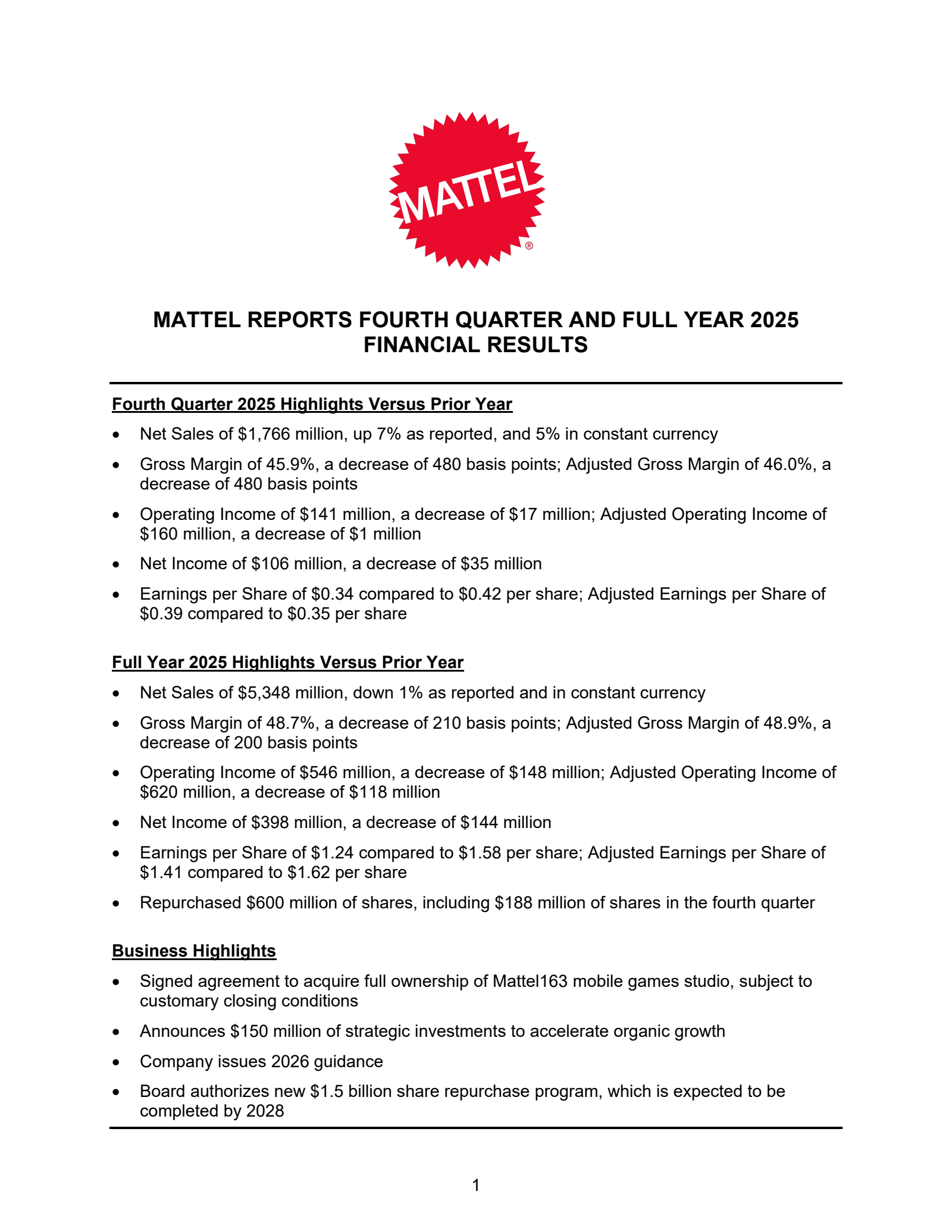 Mattel's Q4 2025 Press Release