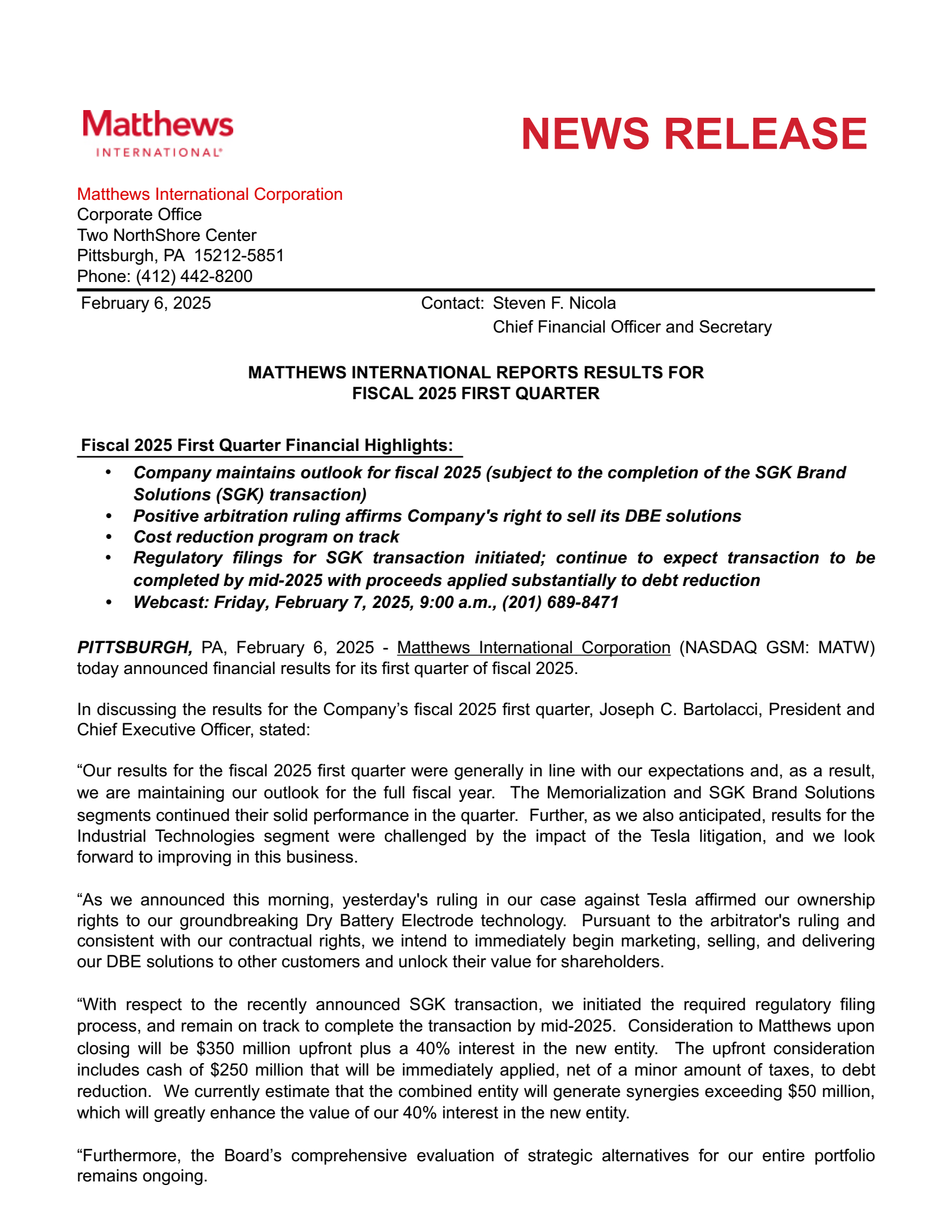 Matthews International's Q1 2025 Press Release