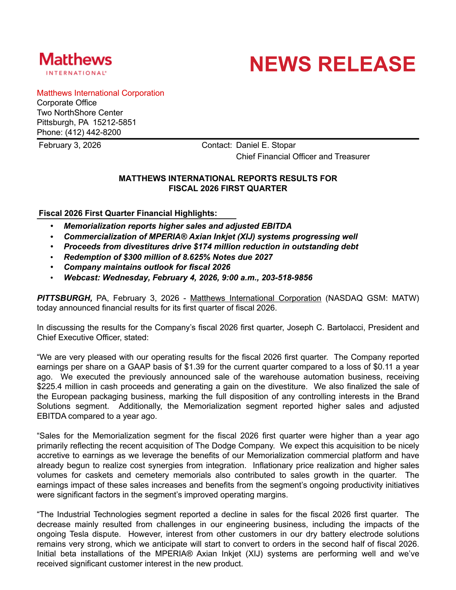 Matthews International's Q1 2026 Press Release